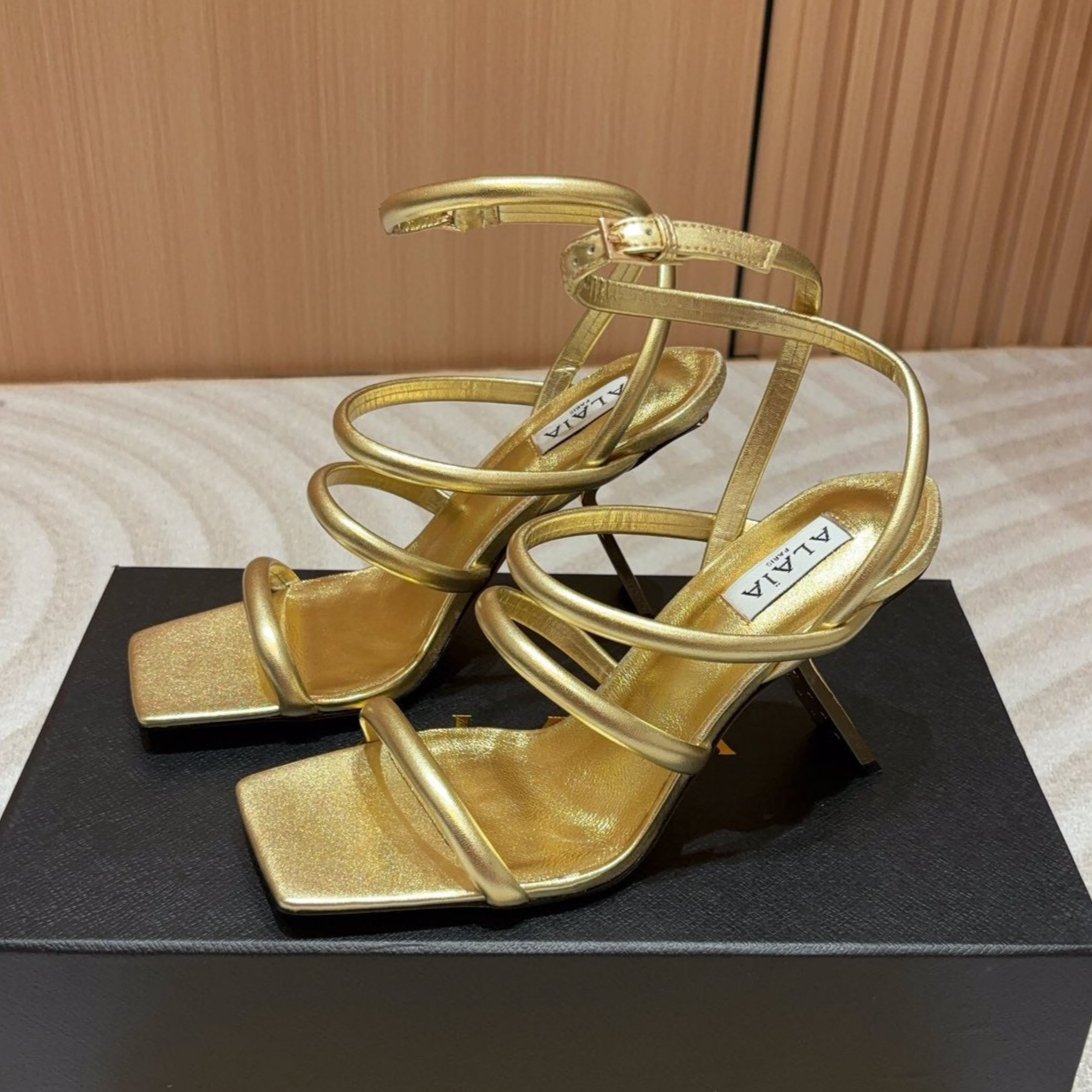 ALAIA THREE-STRAPS HIGH HEEL SANDALS IN GOLDEN PATENT LAMBSKIN - 35