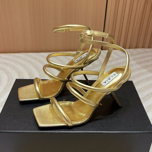 ALAIA THREE-STRAPS HIGH HEEL SANDALS IN GOLDEN PATENT LAMBSKIN - 35