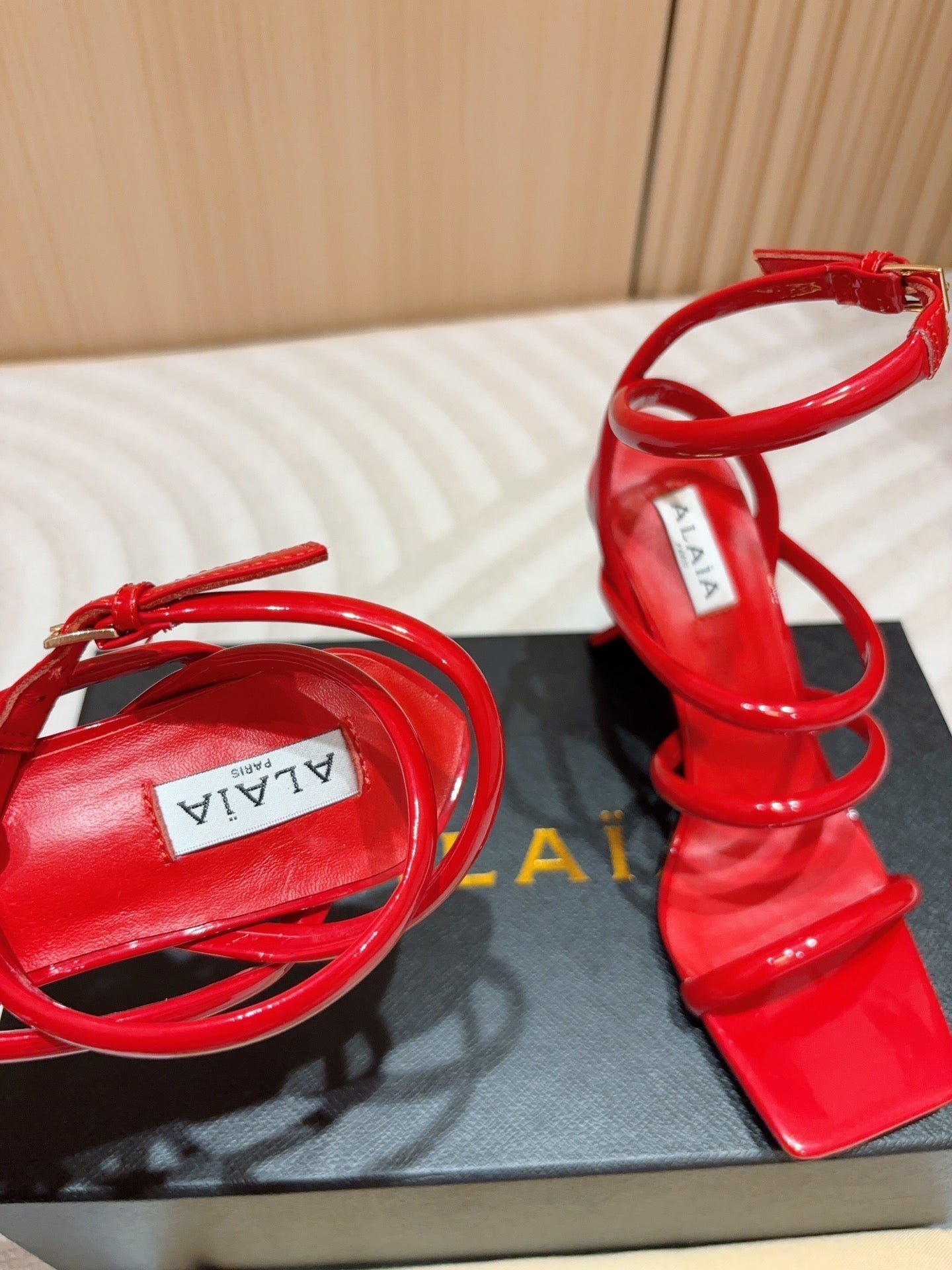 ALAIA THREE-STRAPS HIGH HEEL SANDALS IN CHERRY RED PATENT LAMBSKIN - 35