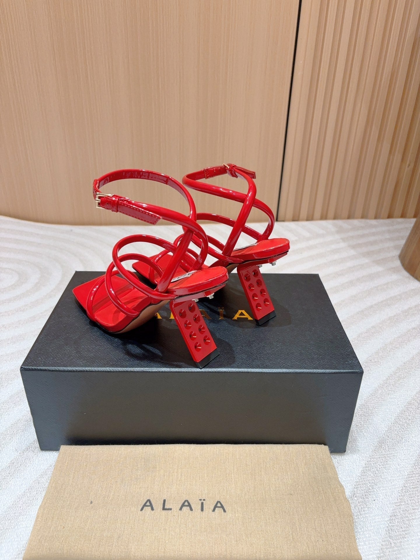 ALAIA THREE-STRAPS HIGH HEEL SANDALS IN CHERRY RED PATENT LAMBSKIN - 35