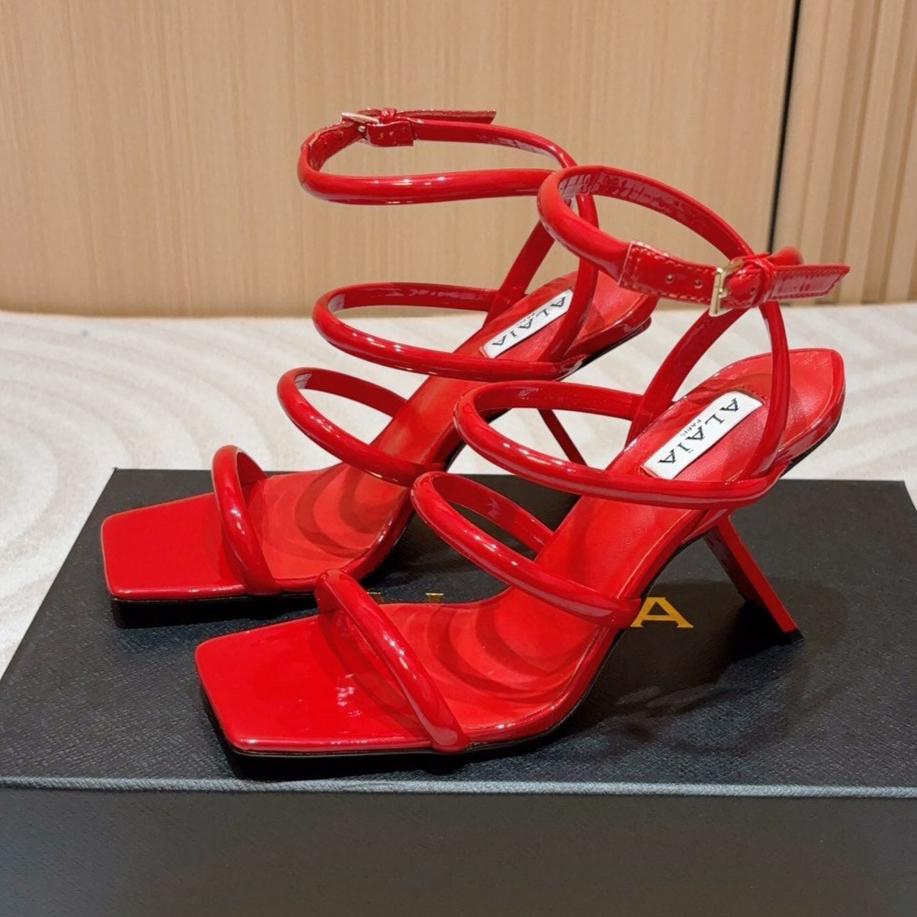 ALAIA THREE-STRAPS HIGH HEEL SANDALS IN CHERRY RED PATENT LAMBSKIN - 35