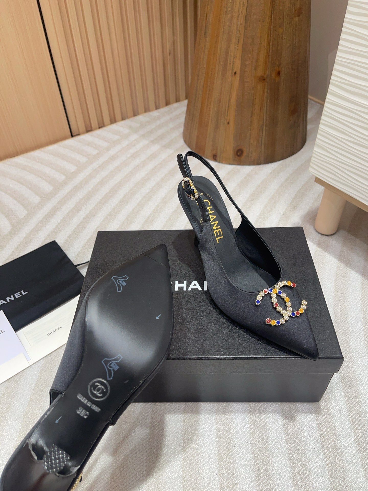 CC HIGH SLINGBACKS BLACK SATIN AND LAMBSKIN - 35