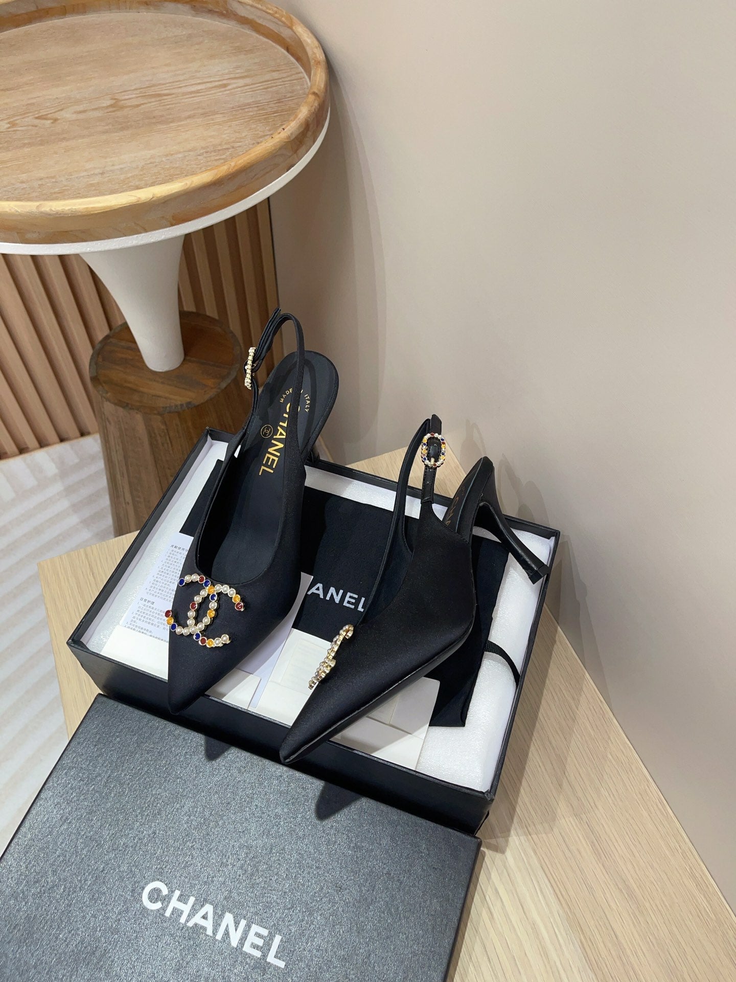 CC HIGH SLINGBACKS BLACK SATIN AND LAMBSKIN - 35
