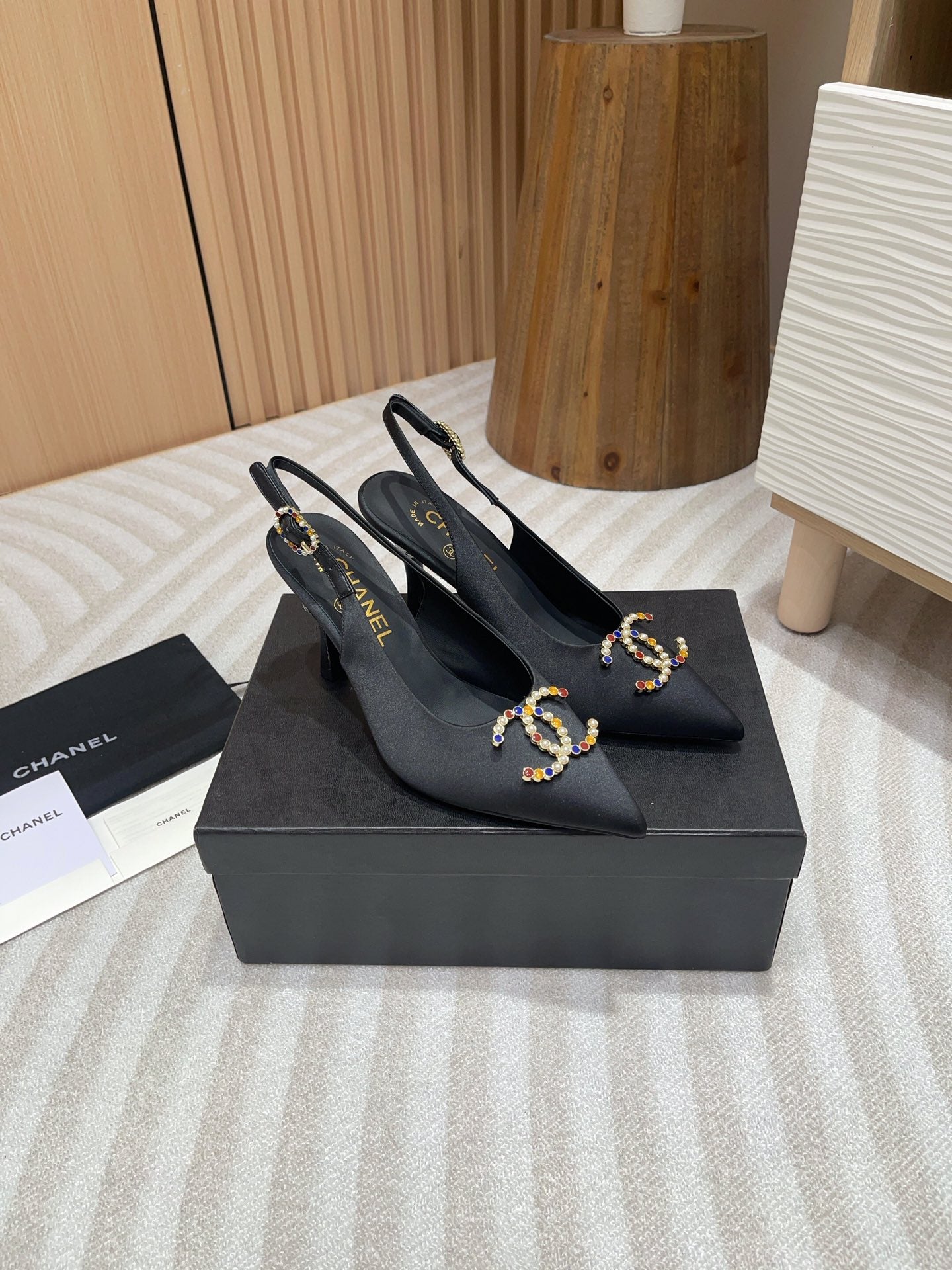 CC HIGH SLINGBACKS BLACK SATIN AND LAMBSKIN - 35