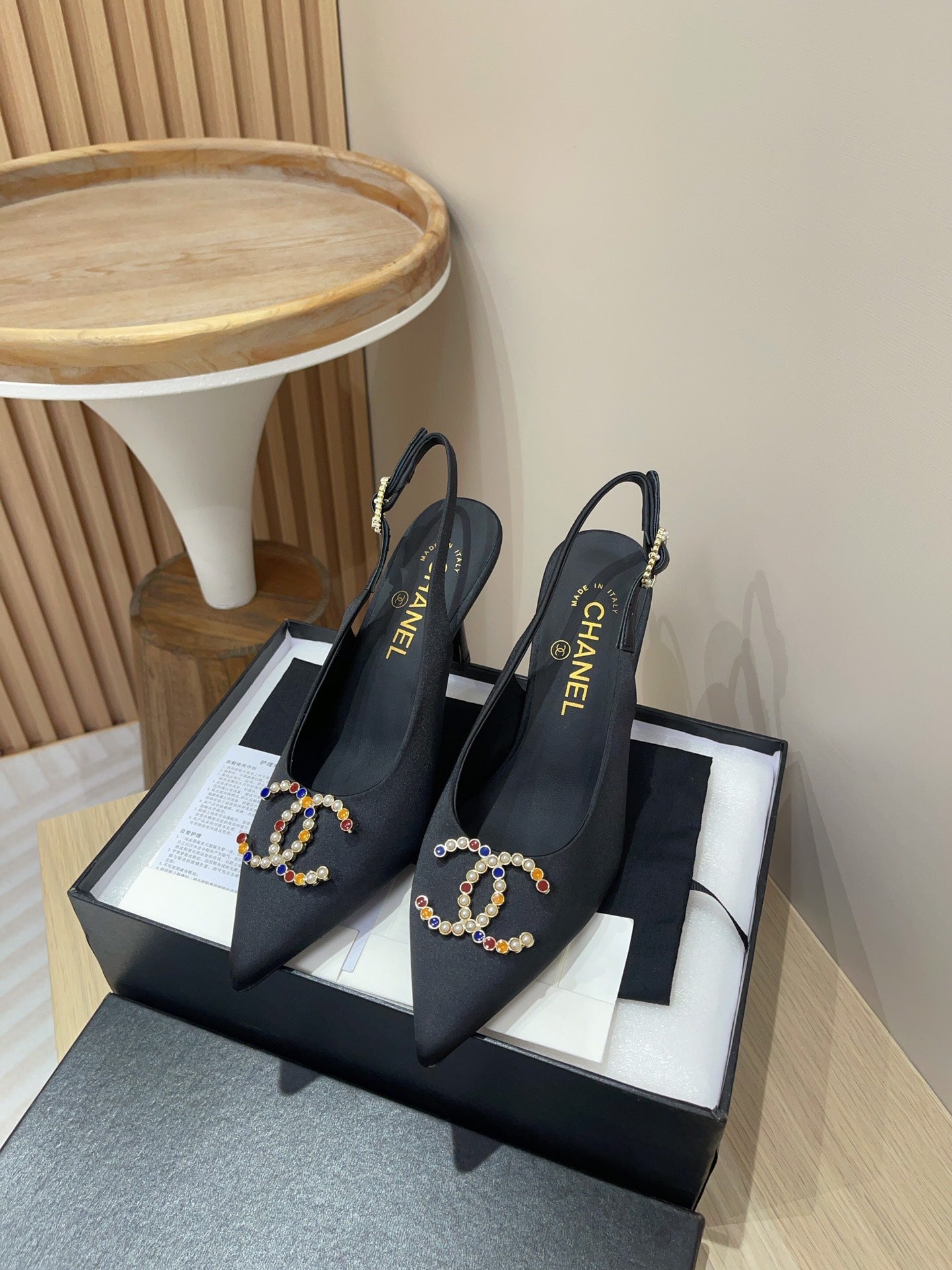 CC HIGH SLINGBACKS BLACK SATIN AND LAMBSKIN - 35
