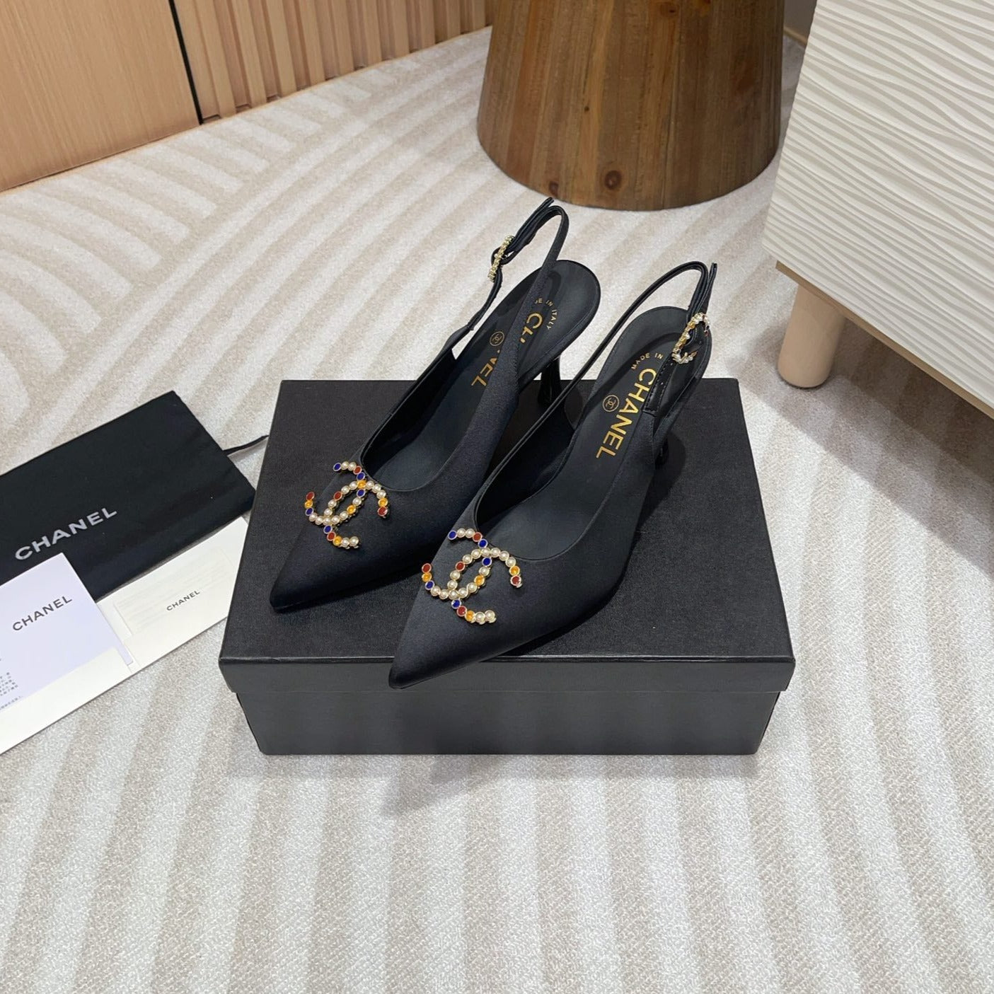 CC HIGH SLINGBACKS BLACK SATIN AND LAMBSKIN - 35