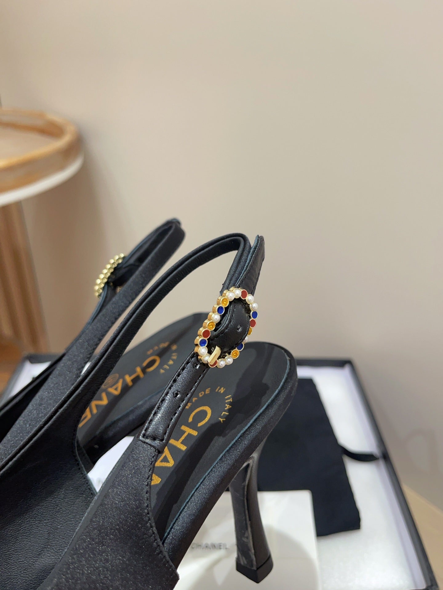 CC HIGH SLINGBACKS BLACK SATIN AND LAMBSKIN - 35
