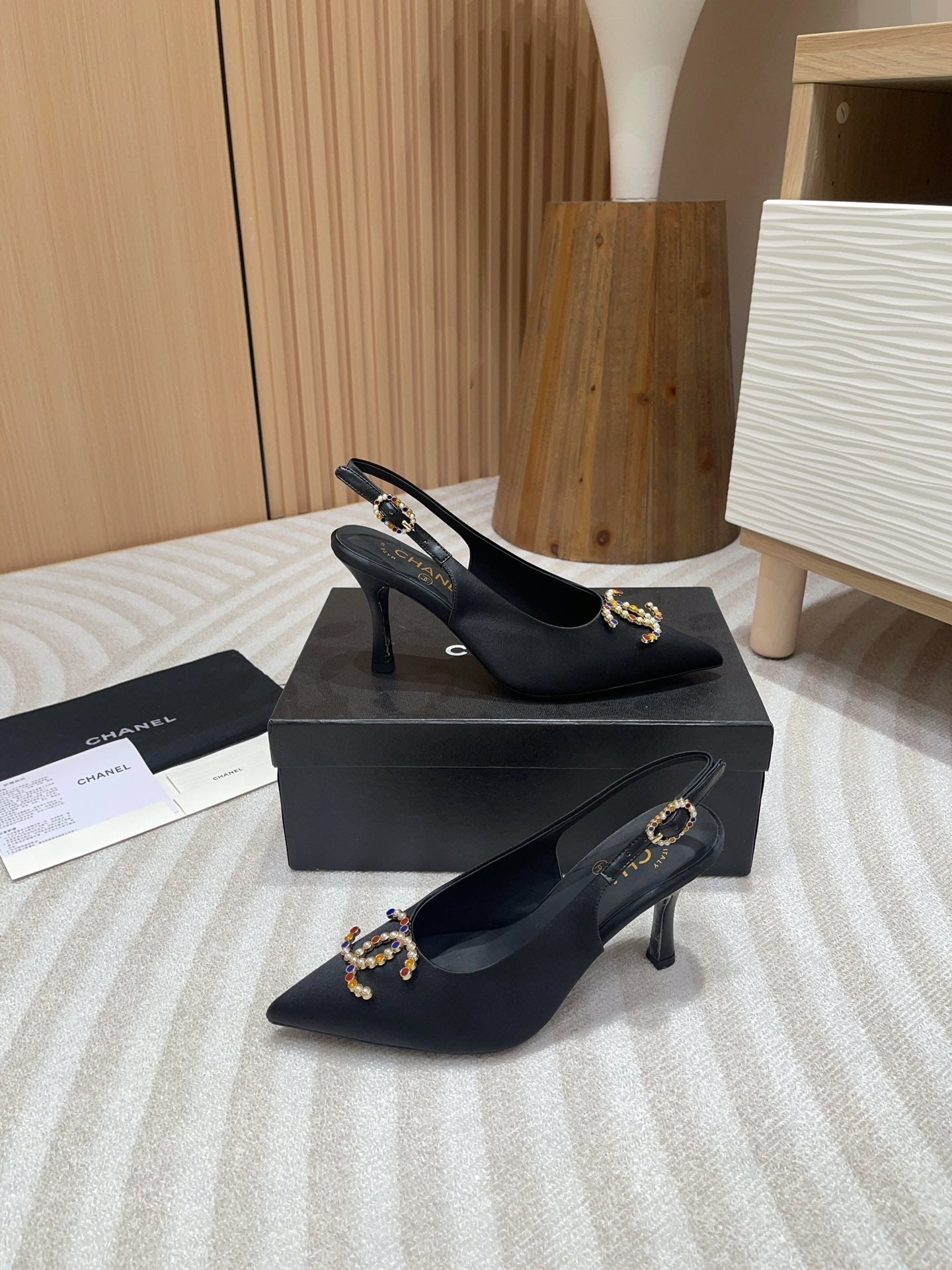 CC HIGH SLINGBACKS BLACK SATIN AND LAMBSKIN - 35