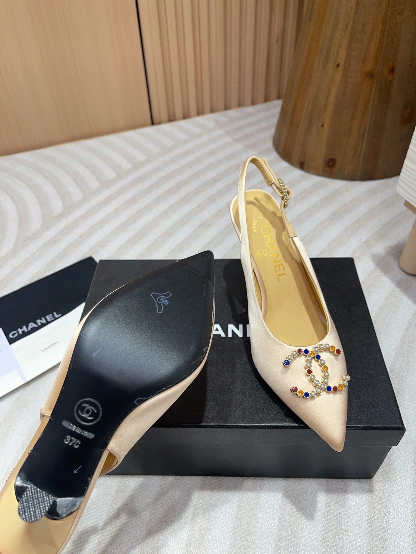 CC HIGH SLINGBACKS BEIGE CREAM SATIN AND LAMBSKIN - 35