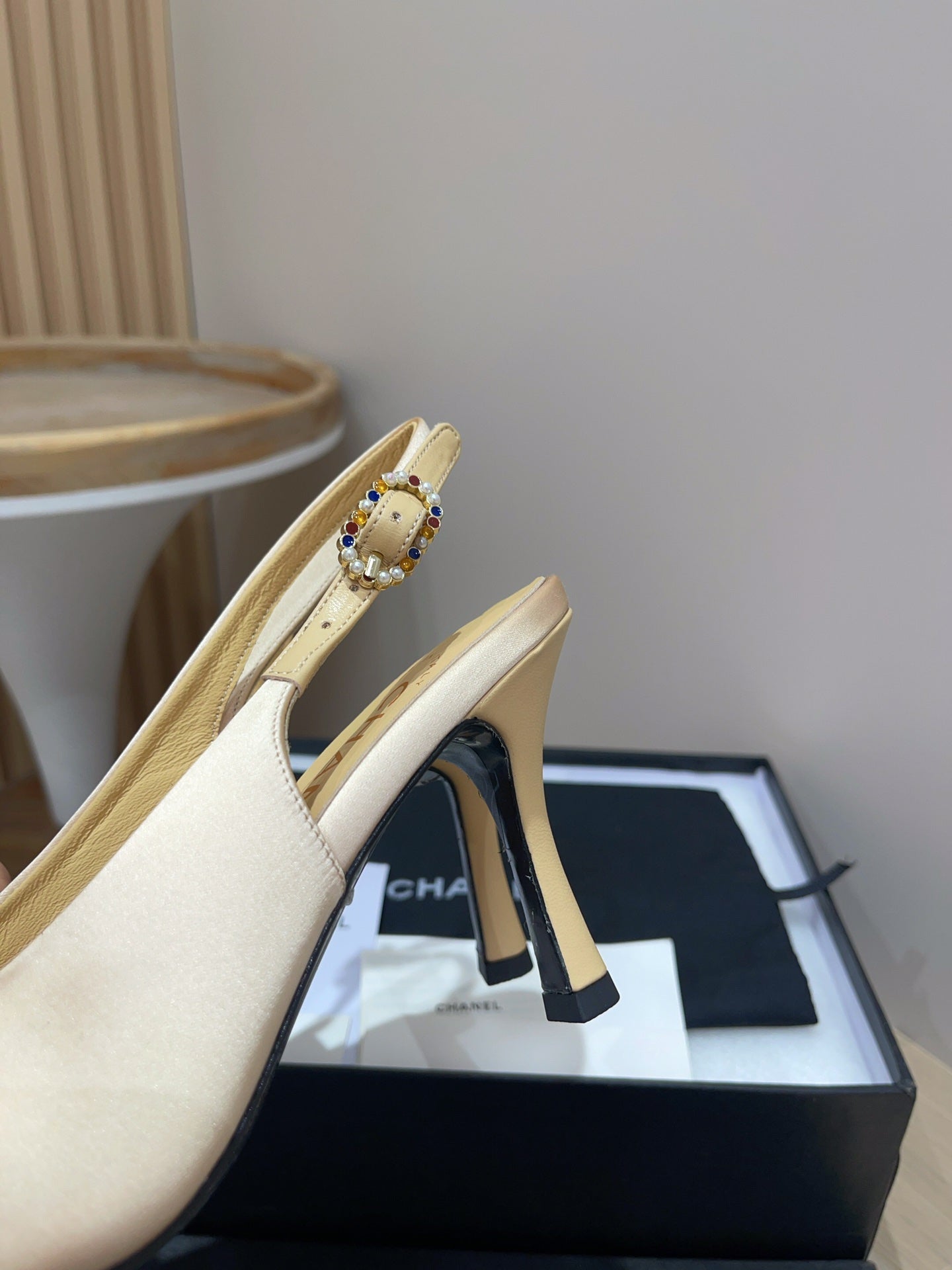 CC HIGH SLINGBACKS BEIGE CREAM SATIN AND LAMBSKIN - 35