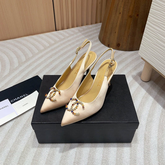 CC HIGH SLINGBACKS BEIGE CREAM SATIN AND LAMBSKIN - 35