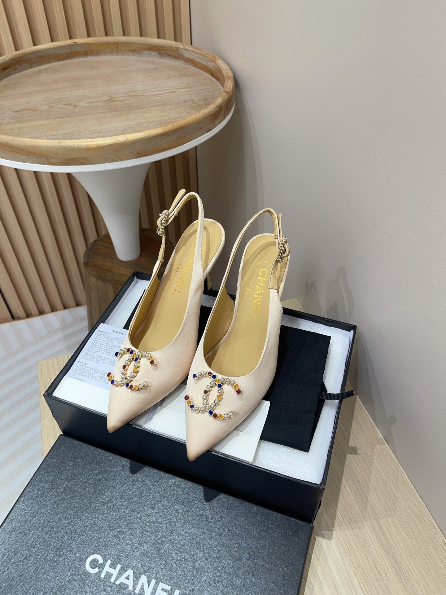 CC HIGH SLINGBACKS BEIGE CREAM SATIN AND LAMBSKIN - 35