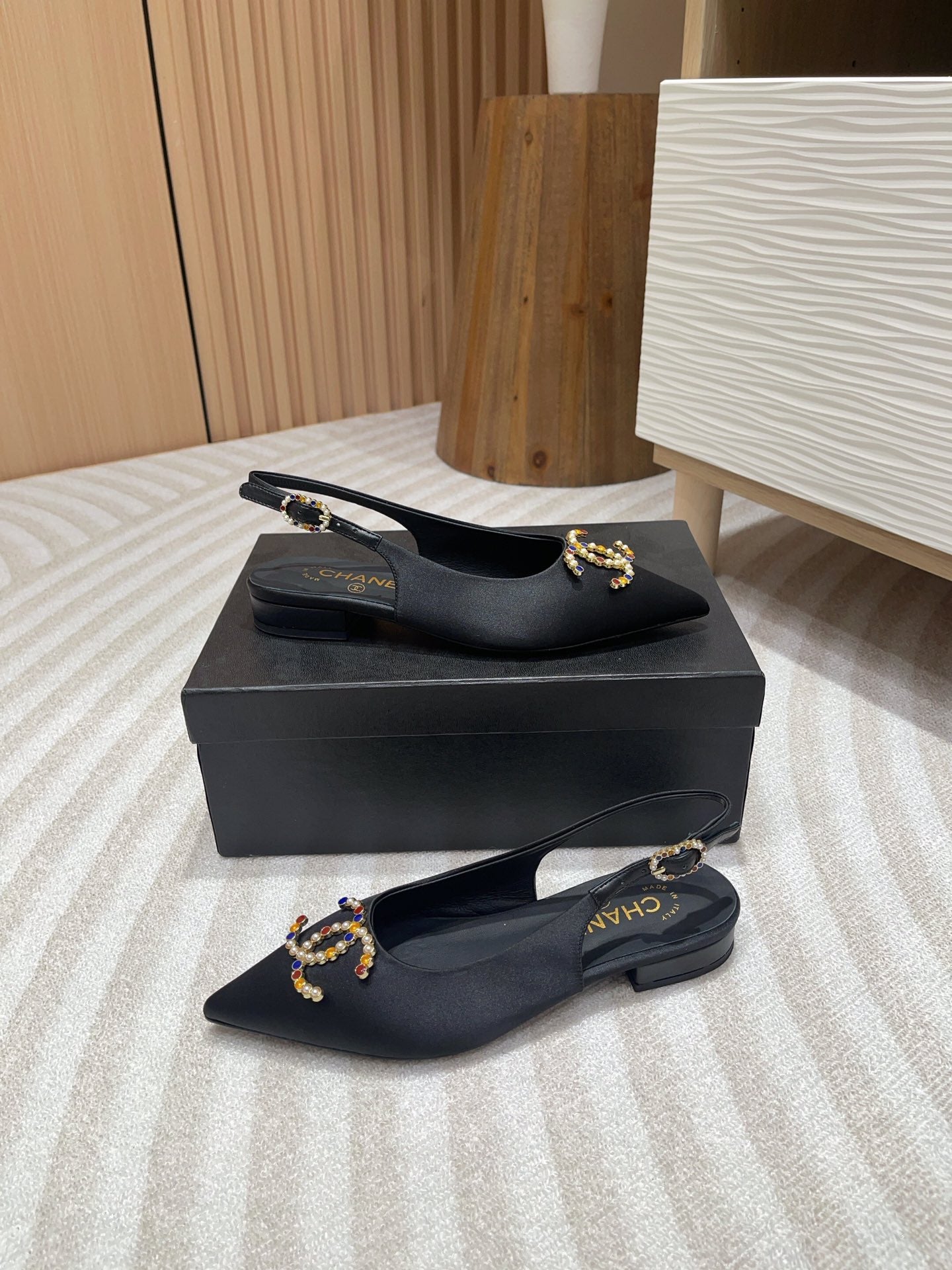 CC SLINGBACKS BLACK SATIN AND LAMBSKIN - 35