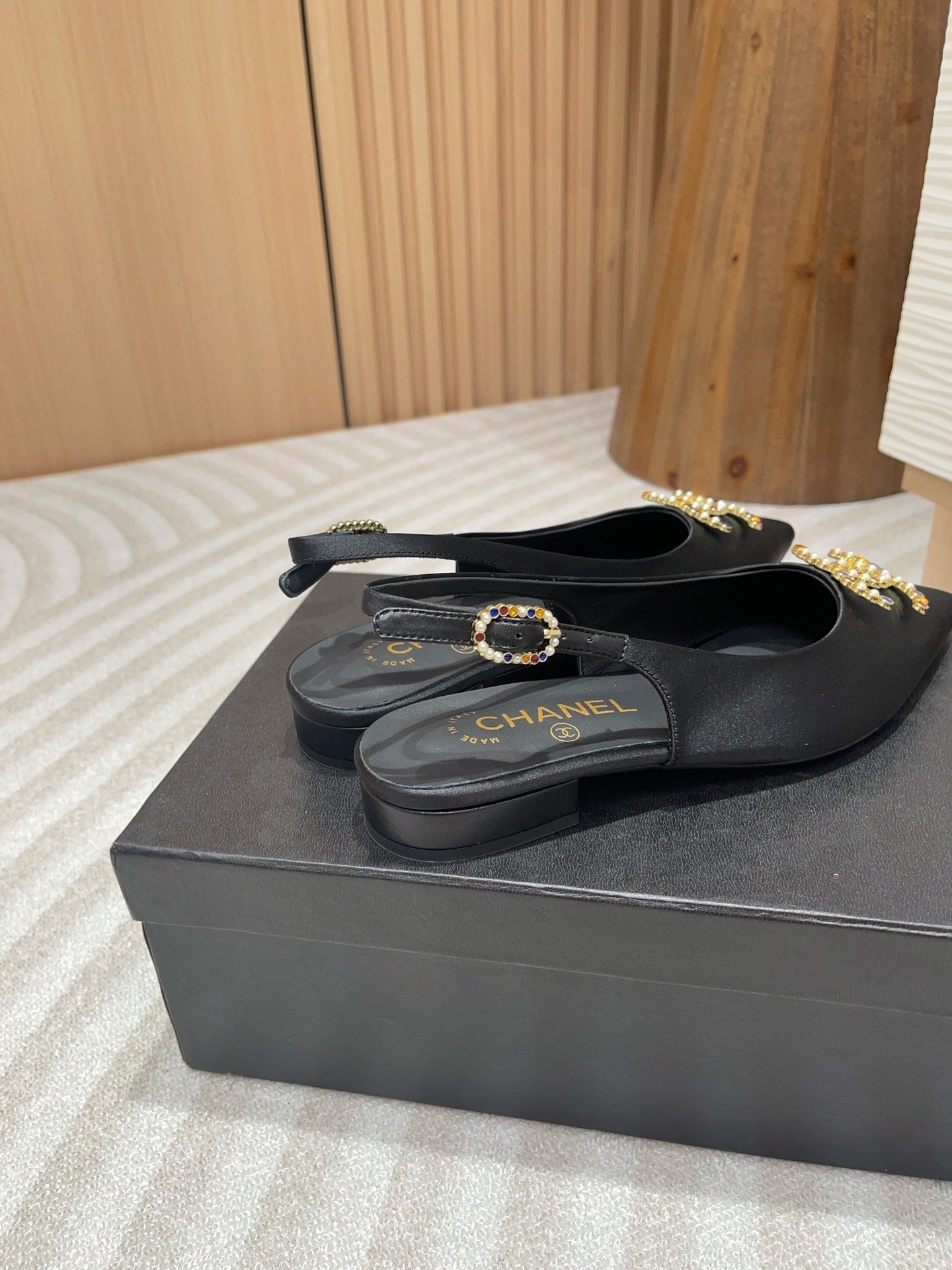 CC SLINGBACKS BLACK SATIN AND LAMBSKIN - 35
