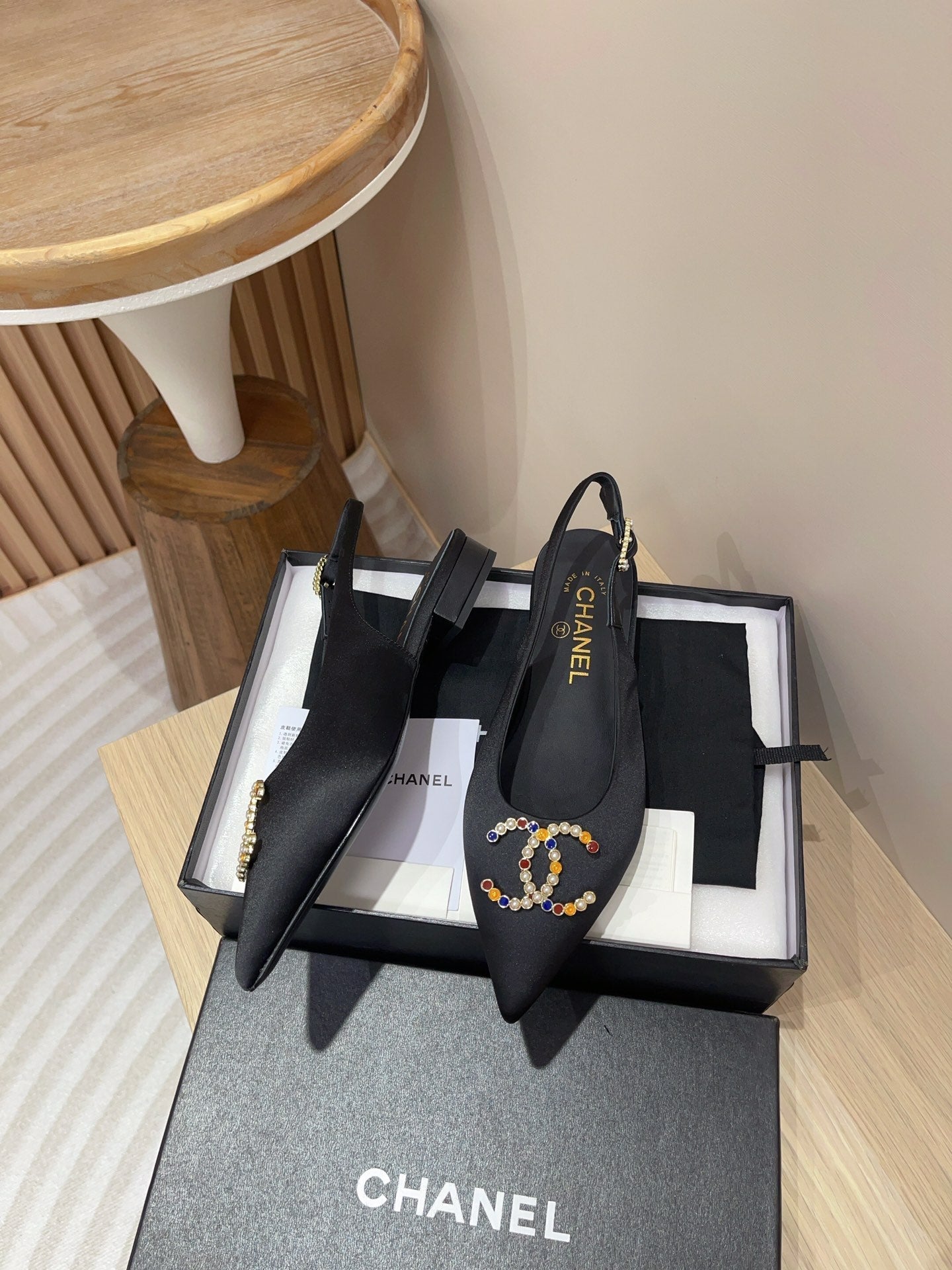CC SLINGBACKS BLACK SATIN AND LAMBSKIN - 35