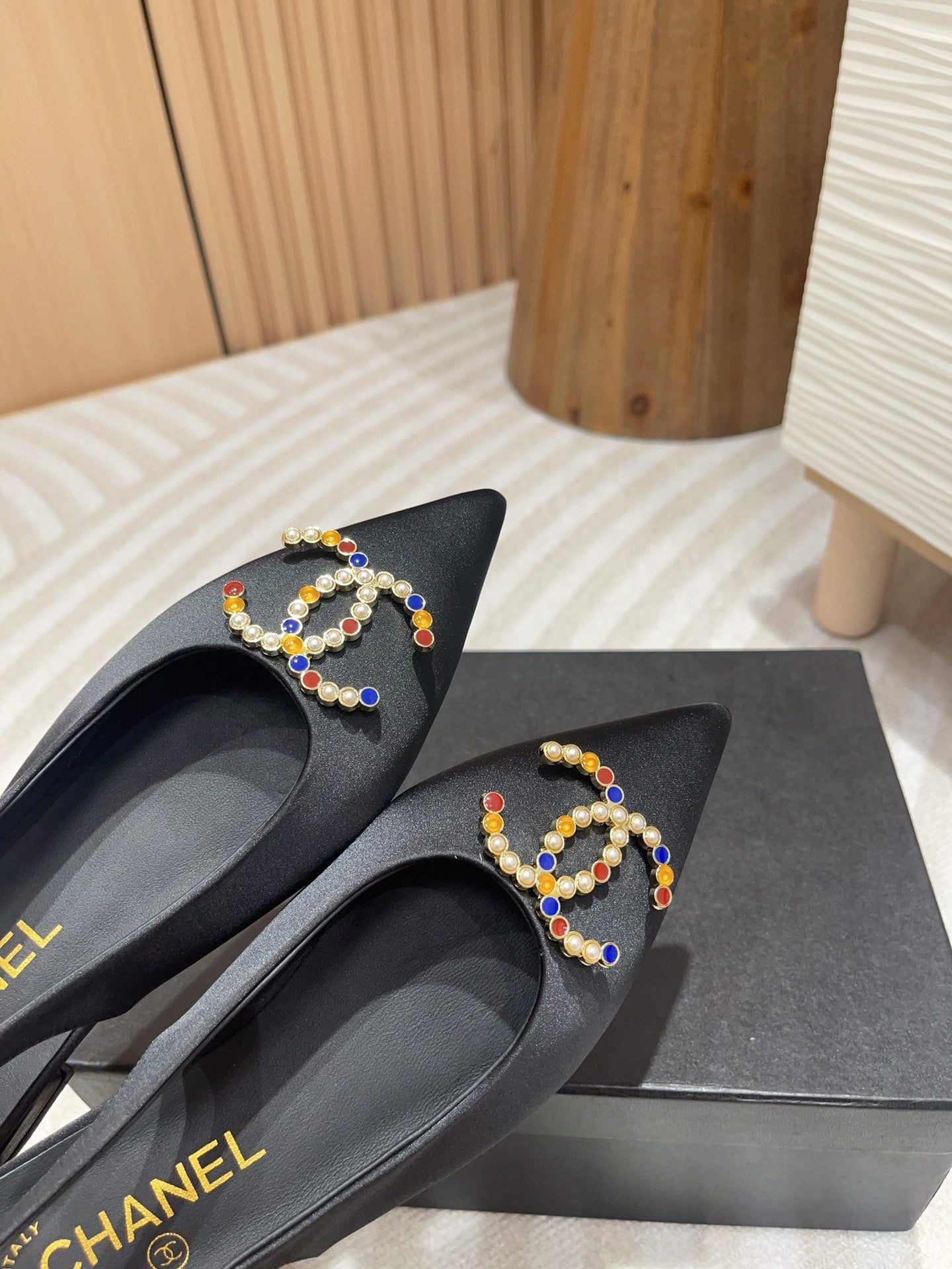 CC SLINGBACKS BLACK SATIN AND LAMBSKIN - 35