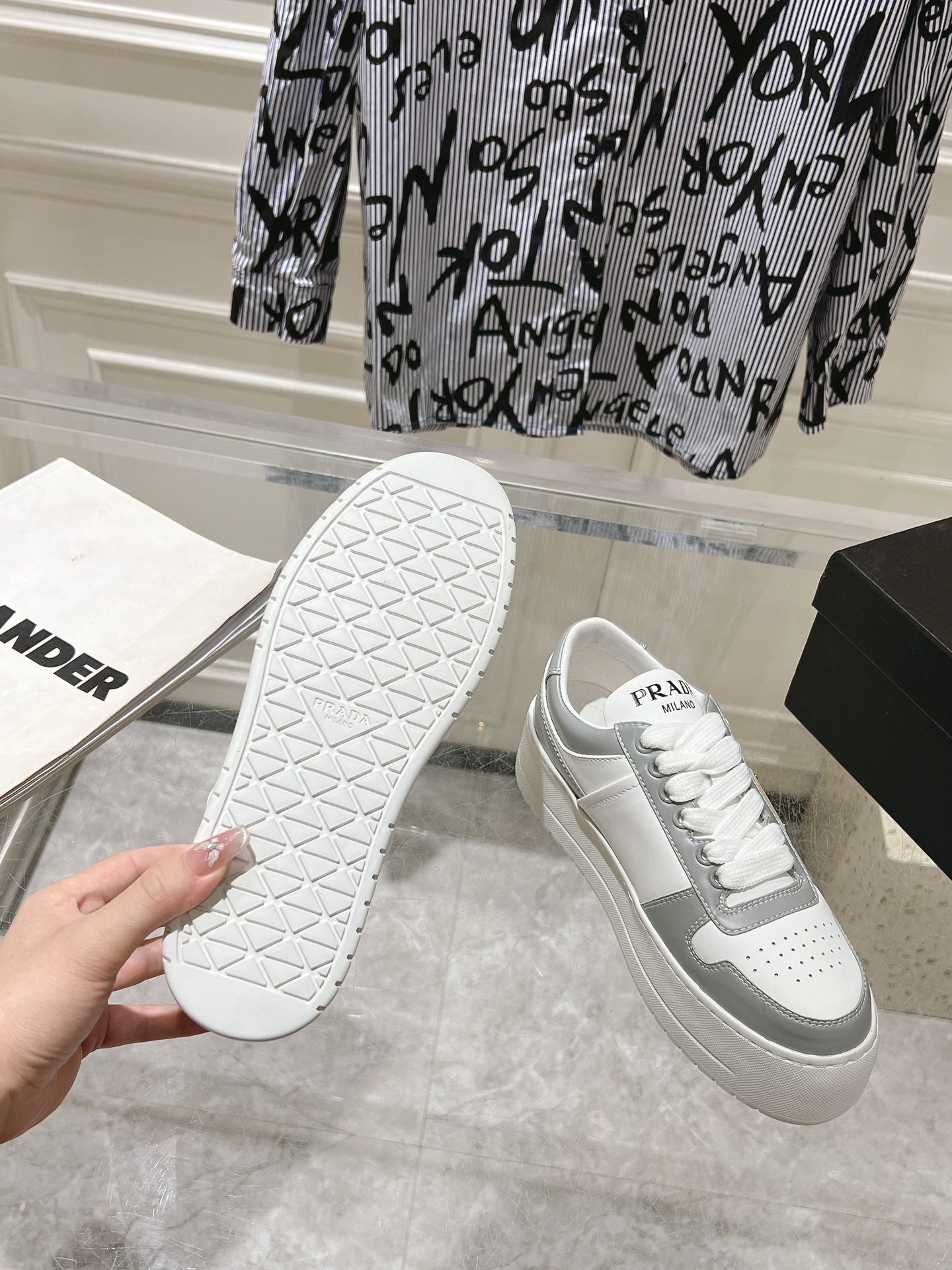 PRA DOWNTOWN BOLD SNEAKERS WHITE AND LIGHT GRAY CALFSKIN - 35
