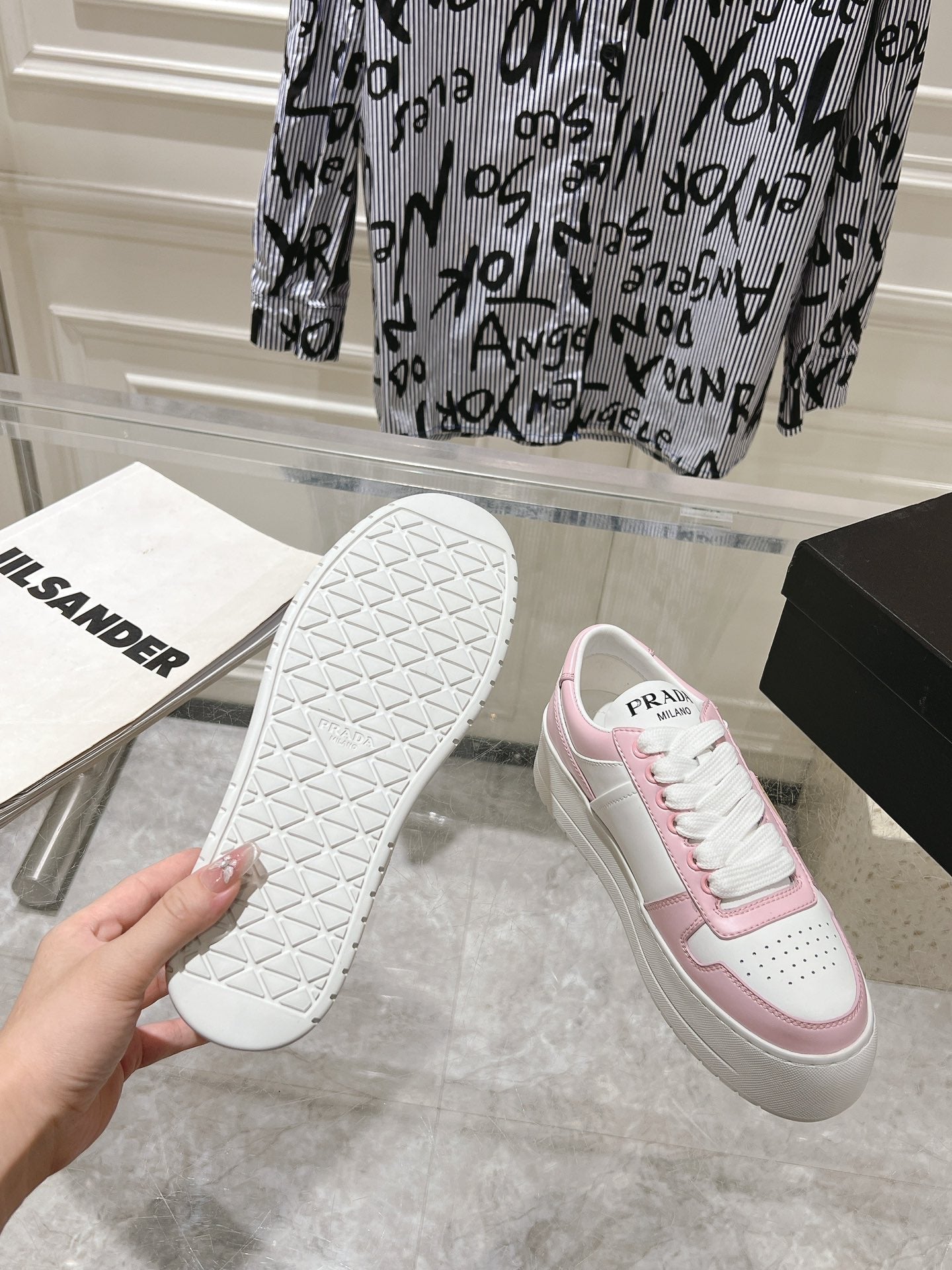 PRA DOWNTOWN BOLD SNEAKERS WHITE AND LIGHT PINK CALFSKIN - 35