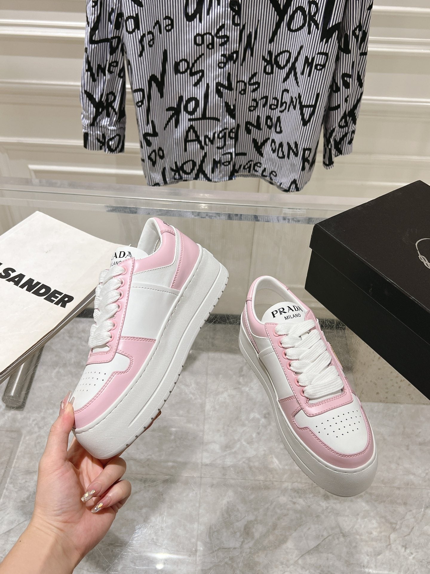 PRA DOWNTOWN BOLD SNEAKERS WHITE AND LIGHT PINK CALFSKIN - 35