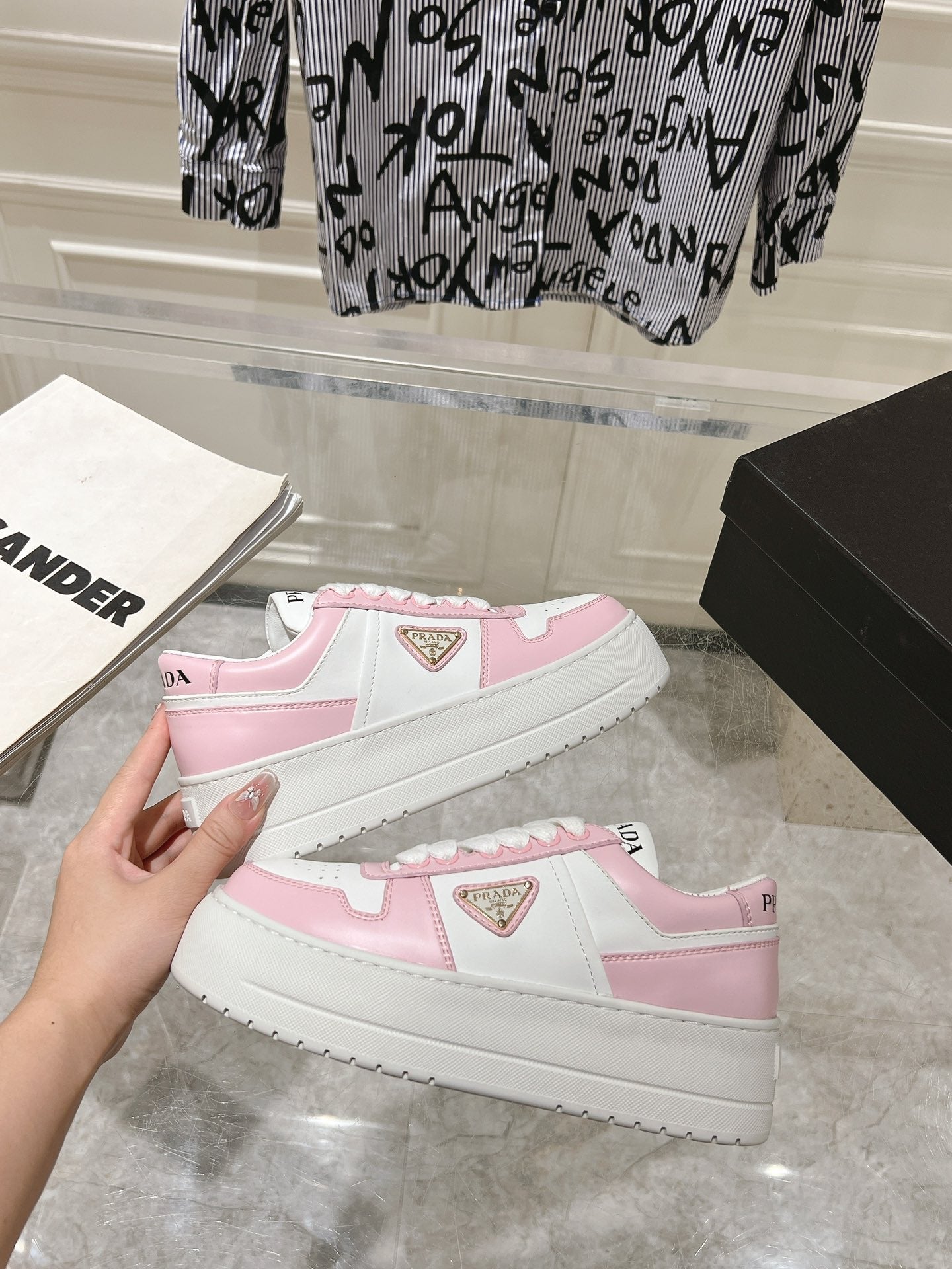 PRA DOWNTOWN BOLD SNEAKERS WHITE AND LIGHT PINK CALFSKIN - 35