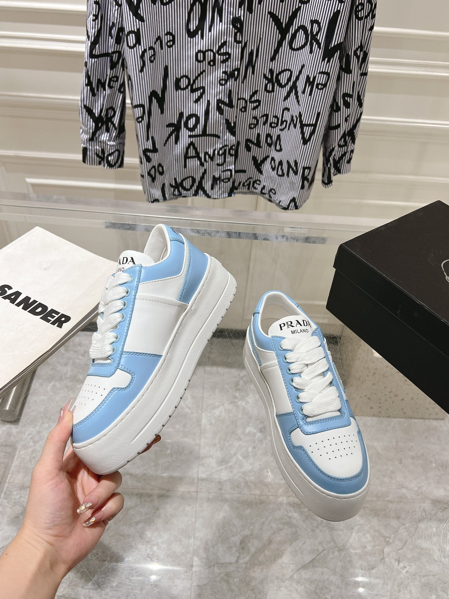 PRA DOWNTOWN BOLD SNEAKERS WHITE AND SKY CALFSKIN - 35