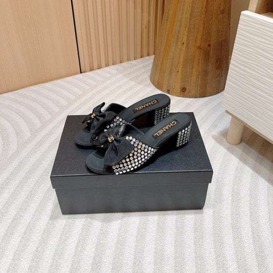 CC HIGH HEEL BLACK SATIN WITH WHITE RHINESTONES - 35