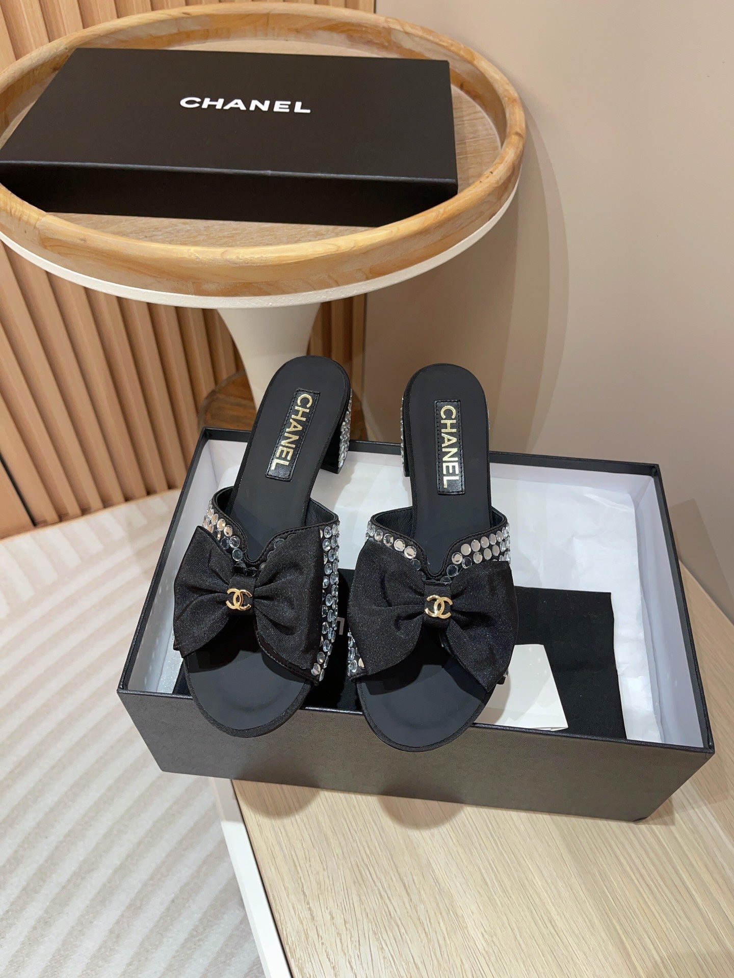 CC HIGH HEEL BLACK SATIN WITH WHITE RHINESTONES - 35