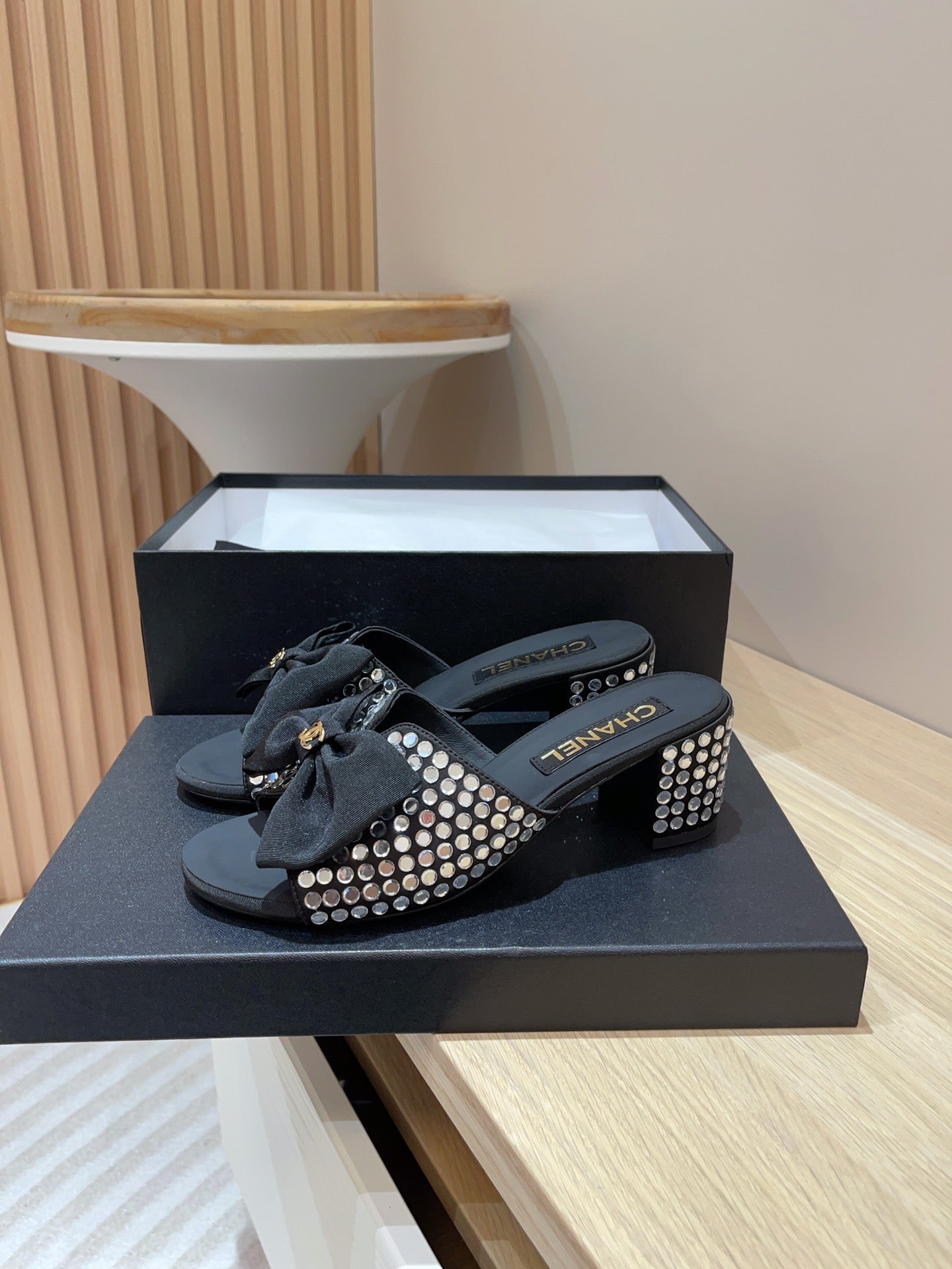 CC HIGH HEEL BLACK SATIN WITH WHITE RHINESTONES - 35