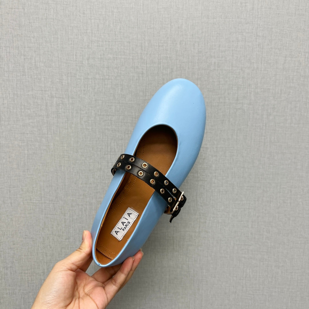 ALAIA MARY JANE SHOES IN LIGHT BLUE LAMBSKIN SILVER HARDWARE - 35