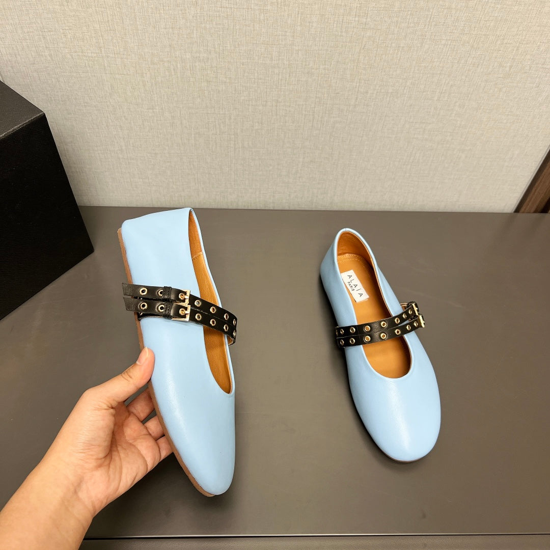 ALAIA MARY JANE SHOES IN LIGHT BLUE LAMBSKIN SILVER HARDWARE - 35