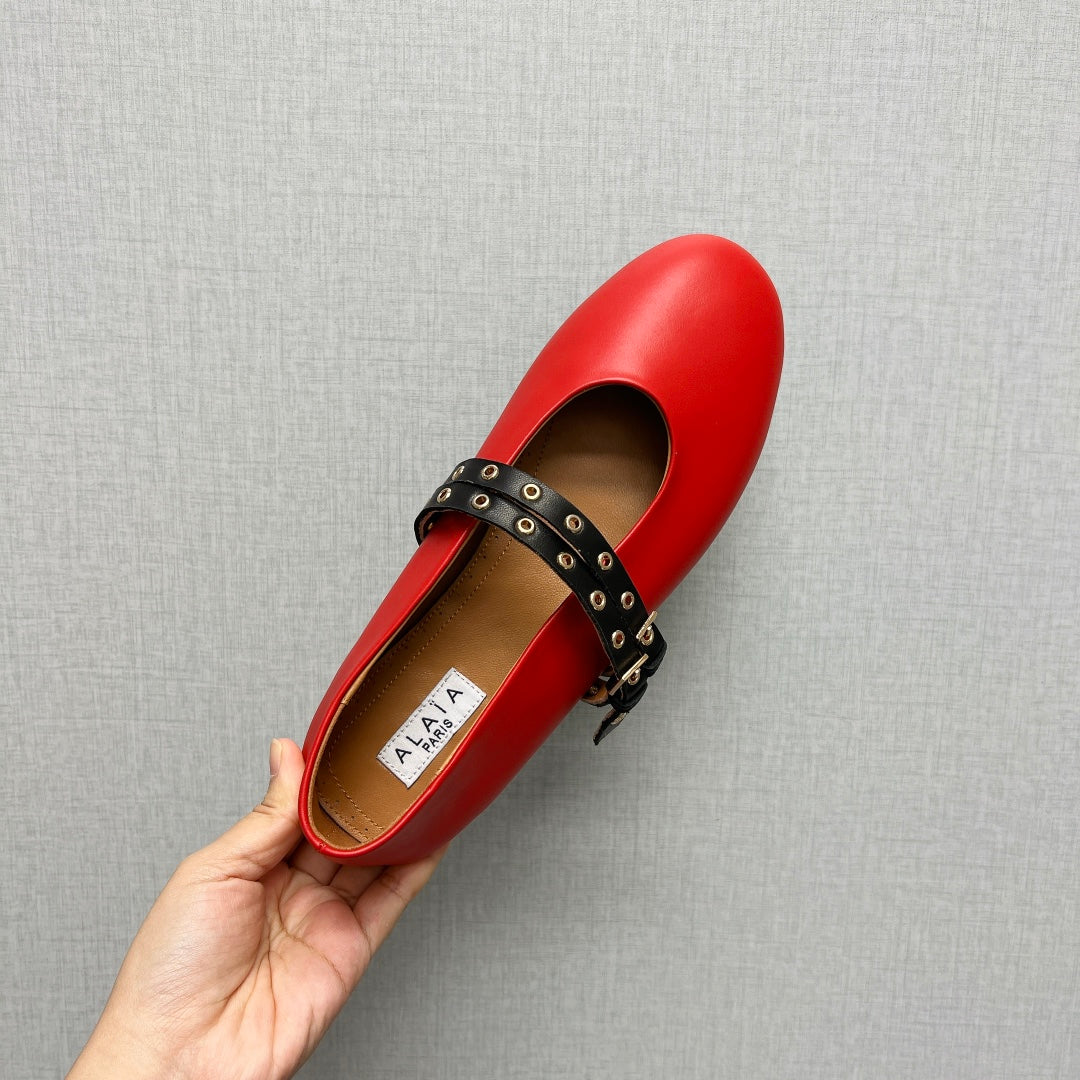 ALAIA MARY JANE SHOES IN CHERRY RED LAMBSKIN SILVER HARDWARE - 35