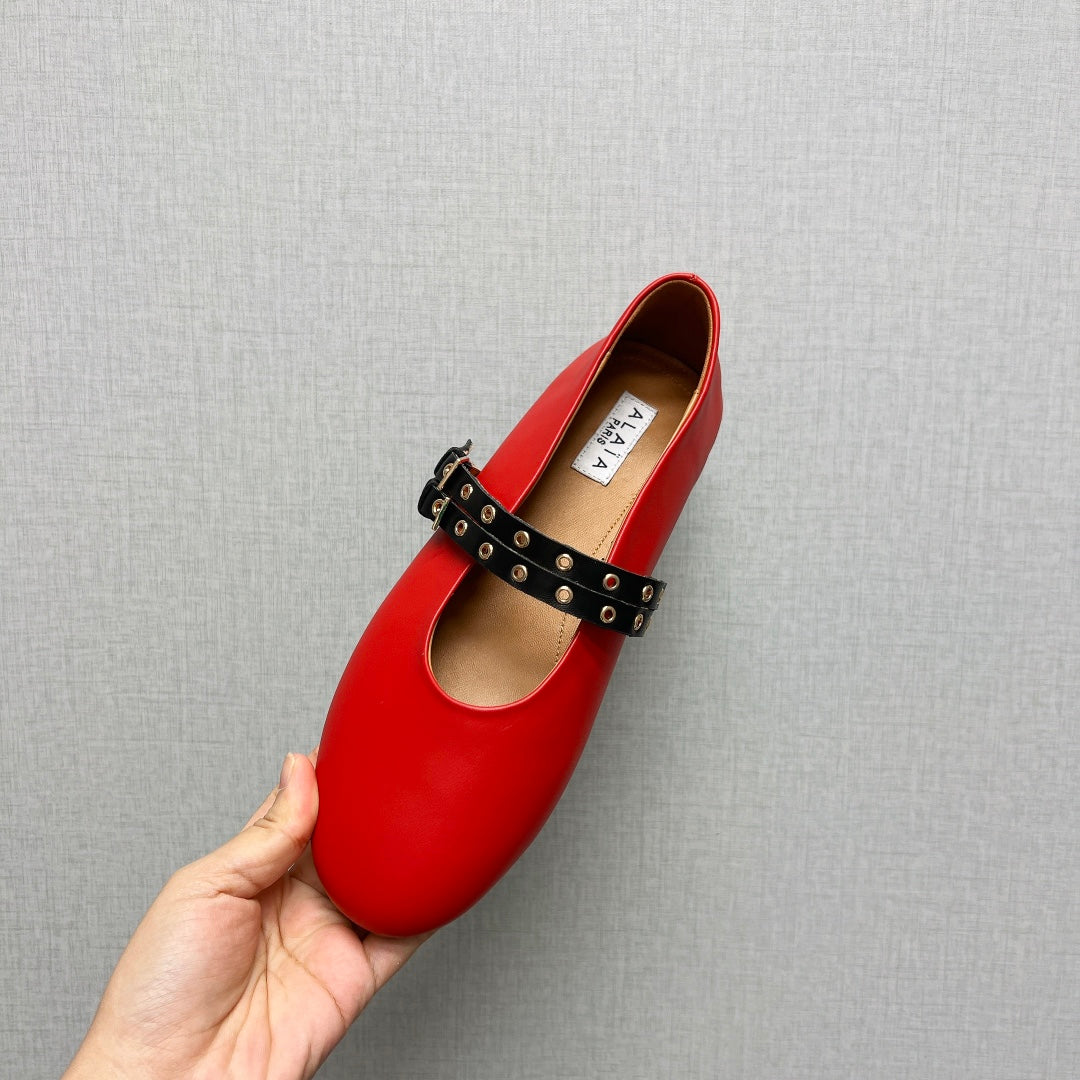 ALAIA MARY JANE SHOES IN CHERRY RED LAMBSKIN SILVER HARDWARE - 35