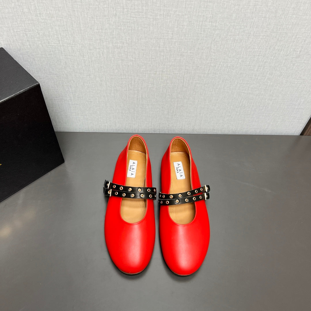 ALAIA MARY JANE SHOES IN CHERRY RED LAMBSKIN SILVER HARDWARE - 35
