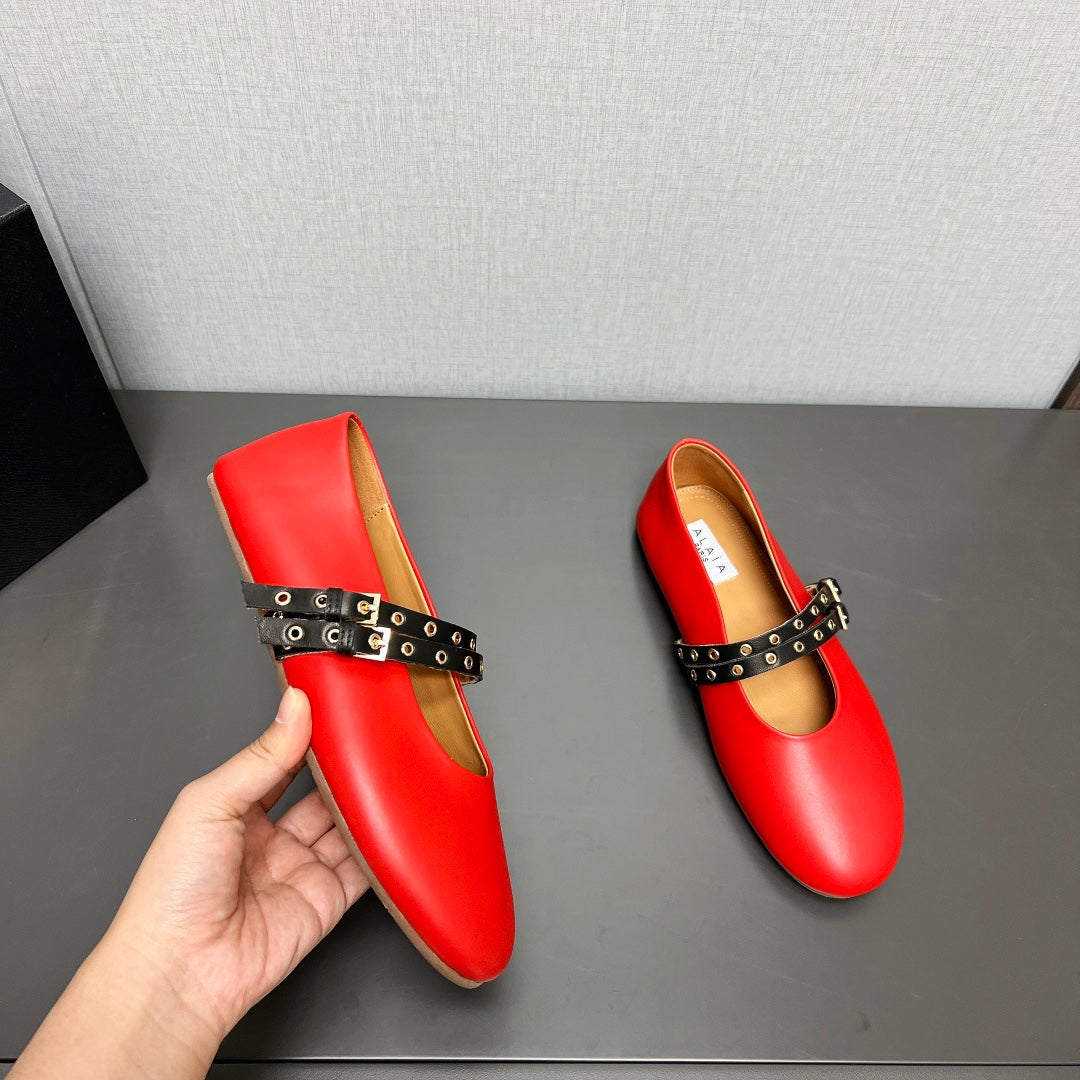 ALAIA MARY JANE SHOES IN CHERRY RED LAMBSKIN SILVER HARDWARE - 35