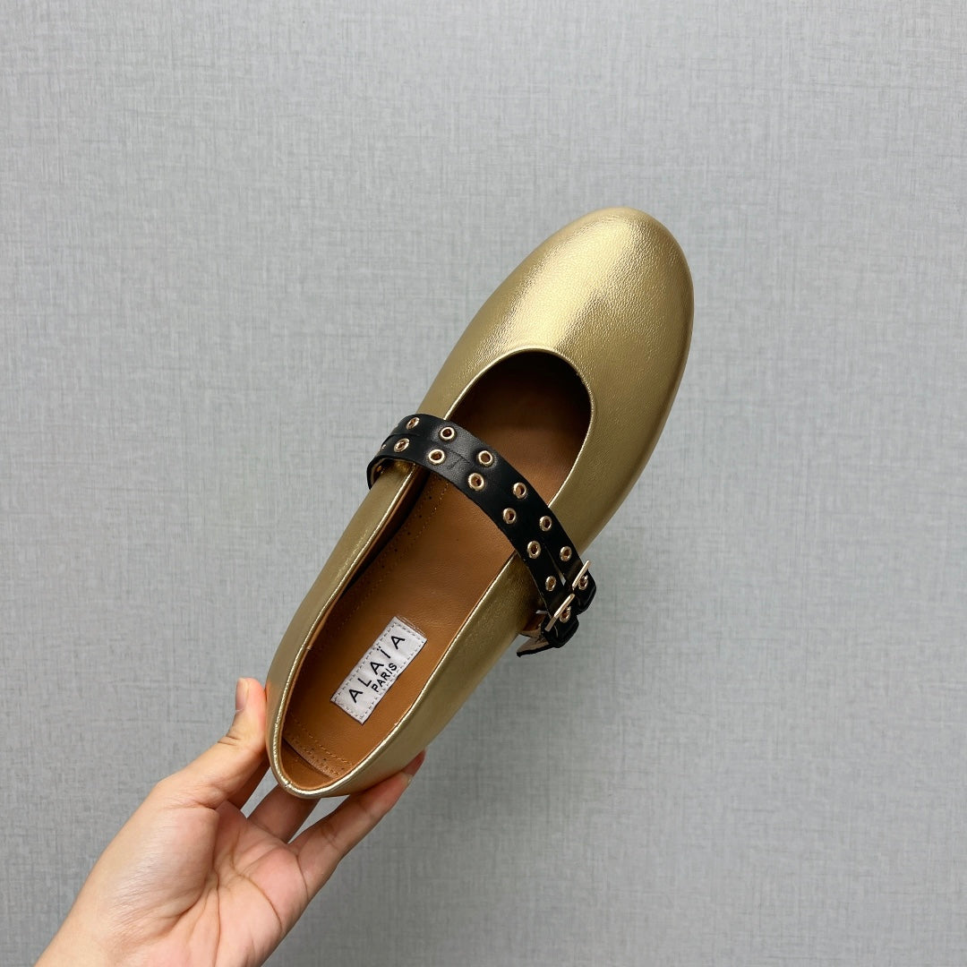 ALAIA MARY JANE SHOES IN GOLDEN LAMBSKIN SILVER HARDWARE - 35