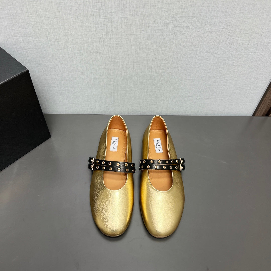 ALAIA MARY JANE SHOES IN GOLDEN LAMBSKIN SILVER HARDWARE - 35