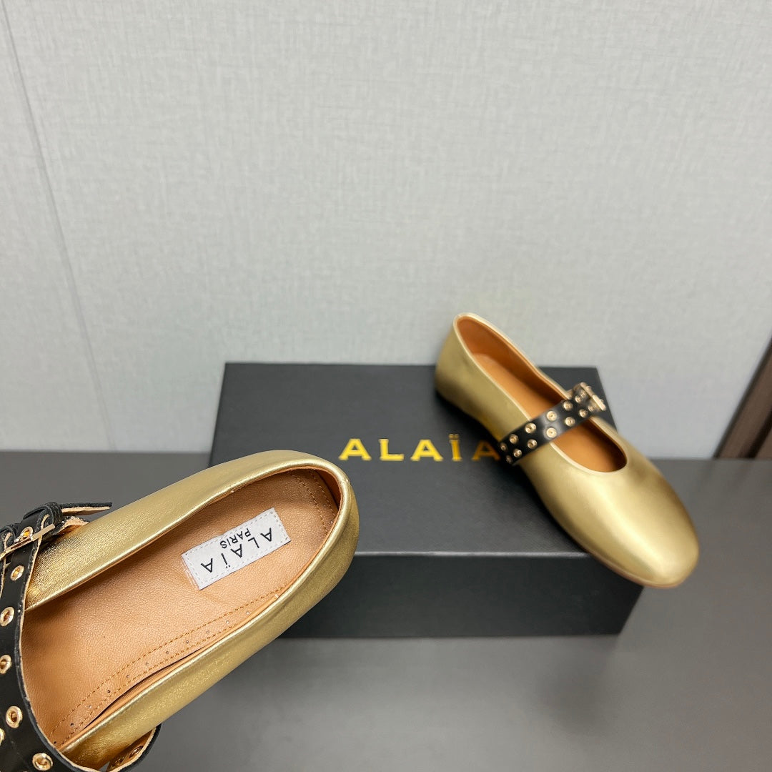 ALAIA MARY JANE SHOES IN GOLDEN LAMBSKIN SILVER HARDWARE - 35
