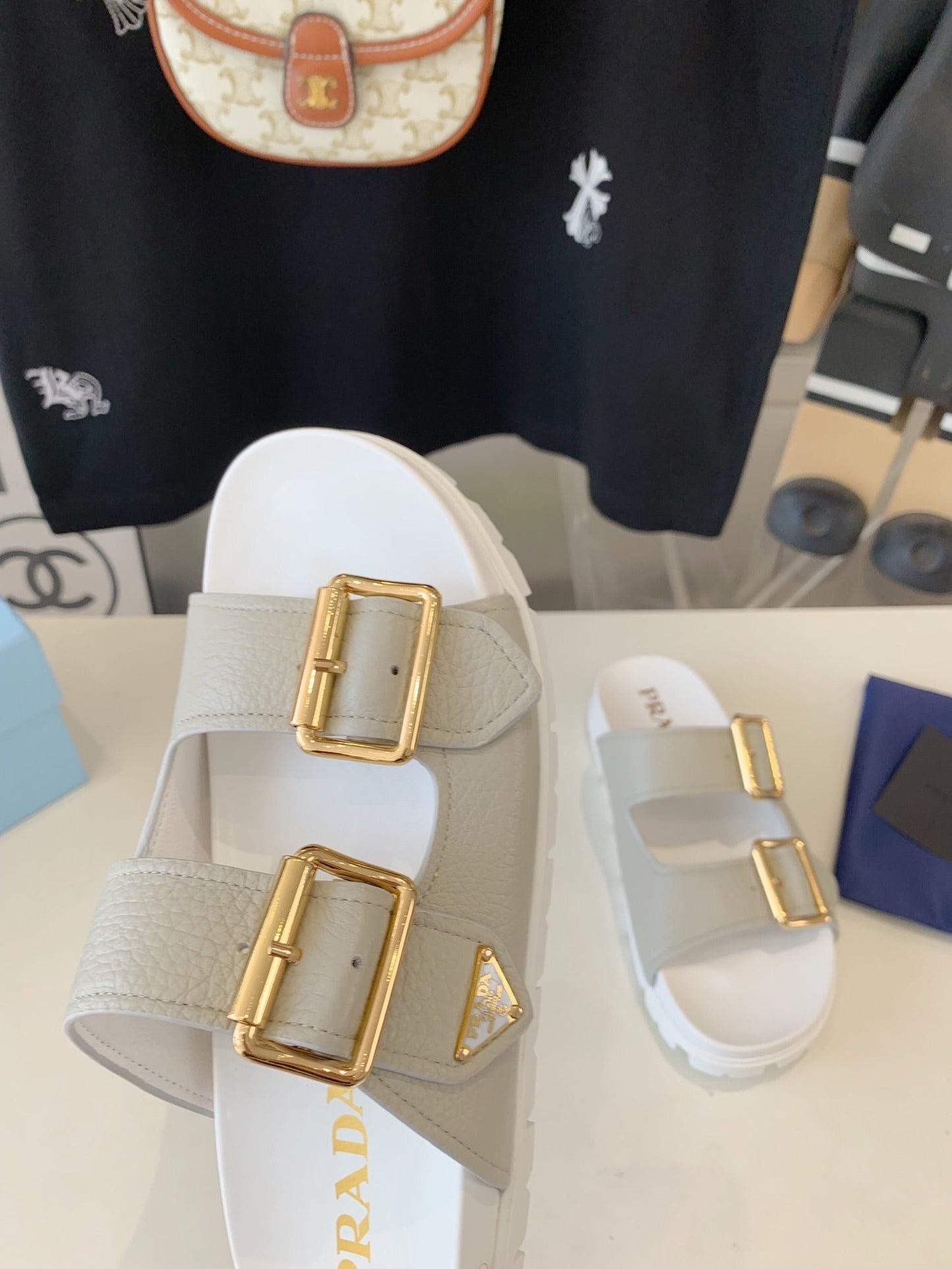 PRA STRAP SLIDES SANDALS WHITE AND LIGHT GRAY SUEDE - 35