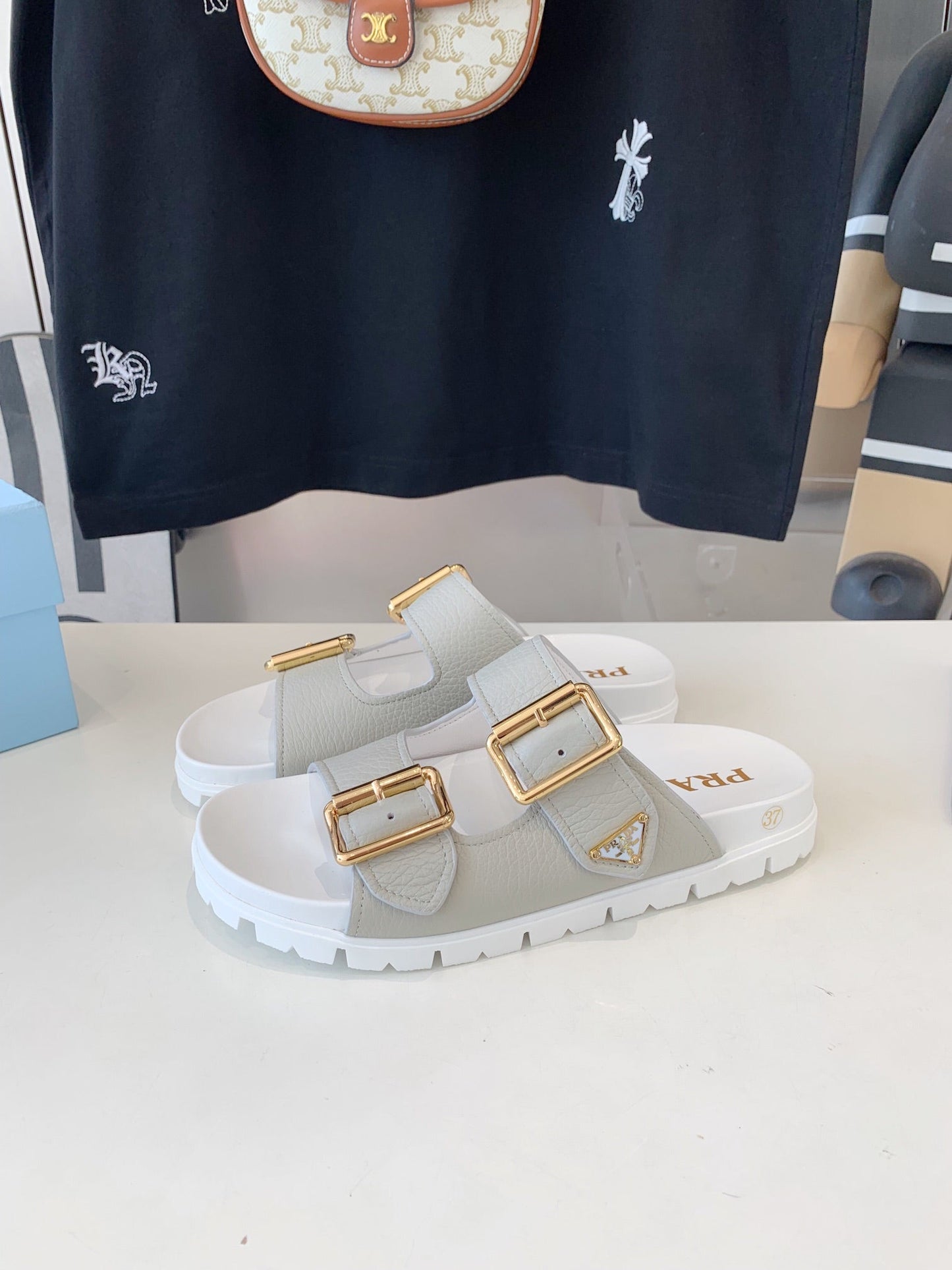 PRA STRAP SLIDES SANDALS WHITE AND LIGHT GRAY SUEDE - 35