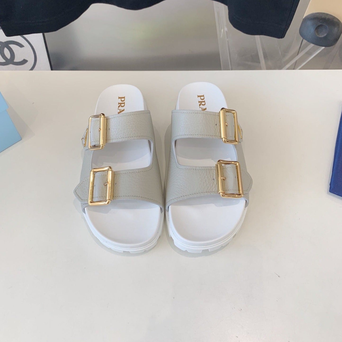 PRA STRAP SLIDES SANDALS WHITE AND LIGHT GRAY SUEDE - 35