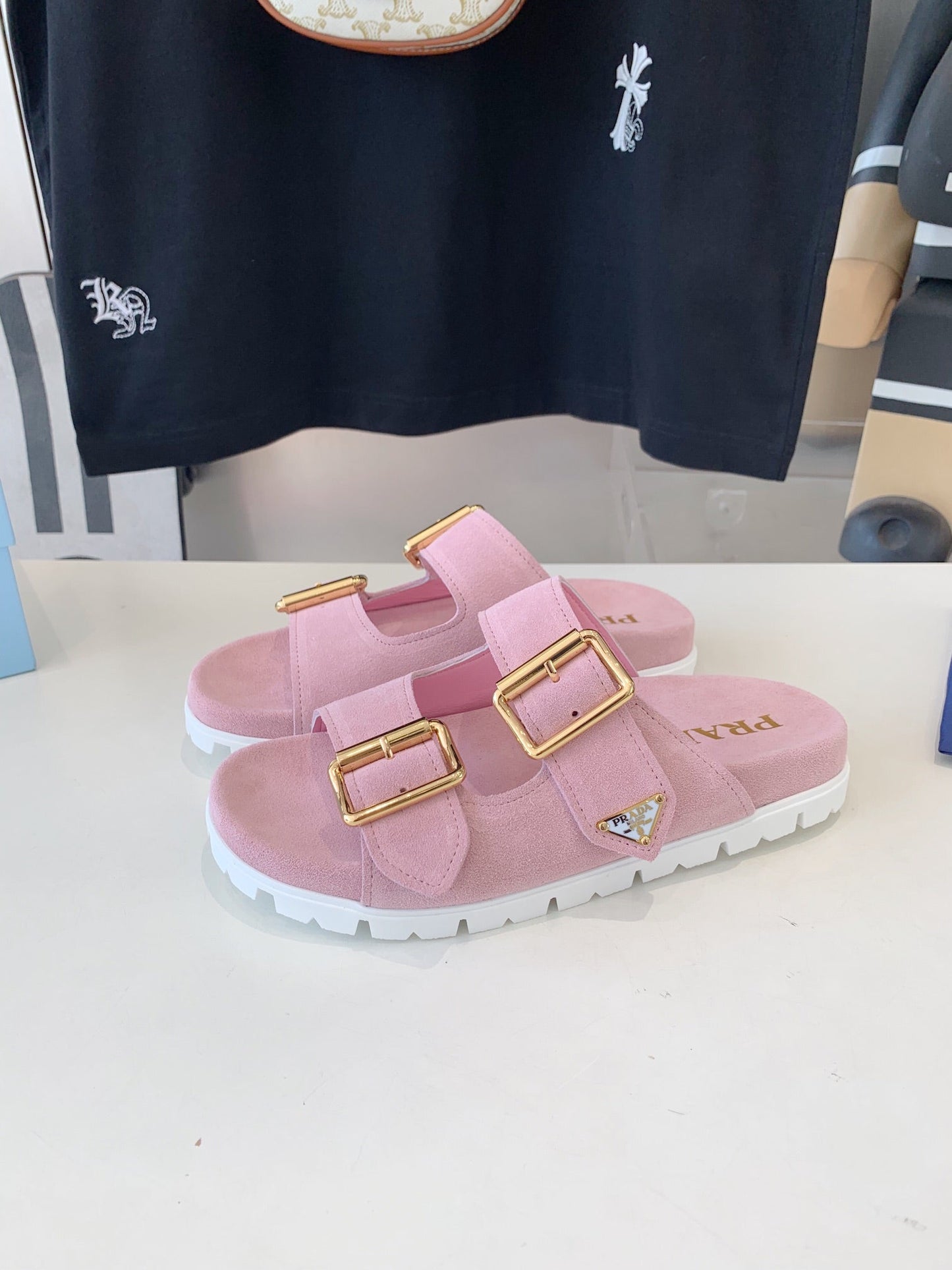 PRA STRAP SLIDES SANDALS PASTEL PINK SUEDE - 35