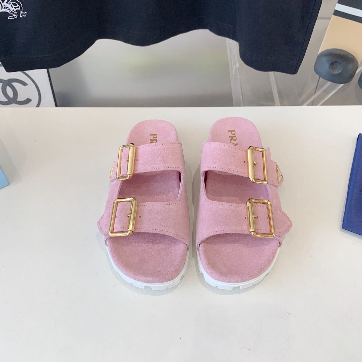 PRA STRAP SLIDES SANDALS PASTEL PINK SUEDE - 35