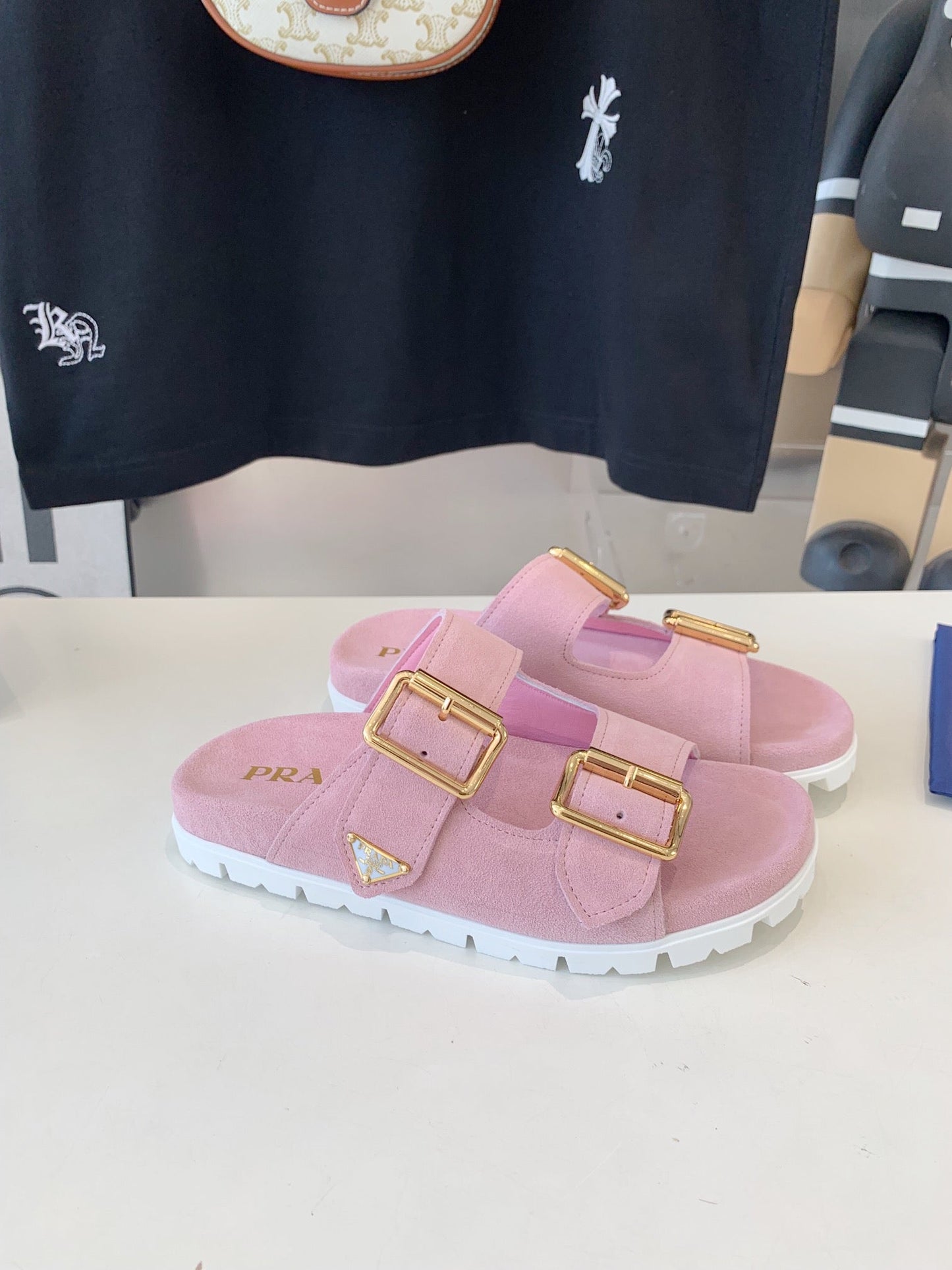 PRA STRAP SLIDES SANDALS PASTEL PINK SUEDE - 35