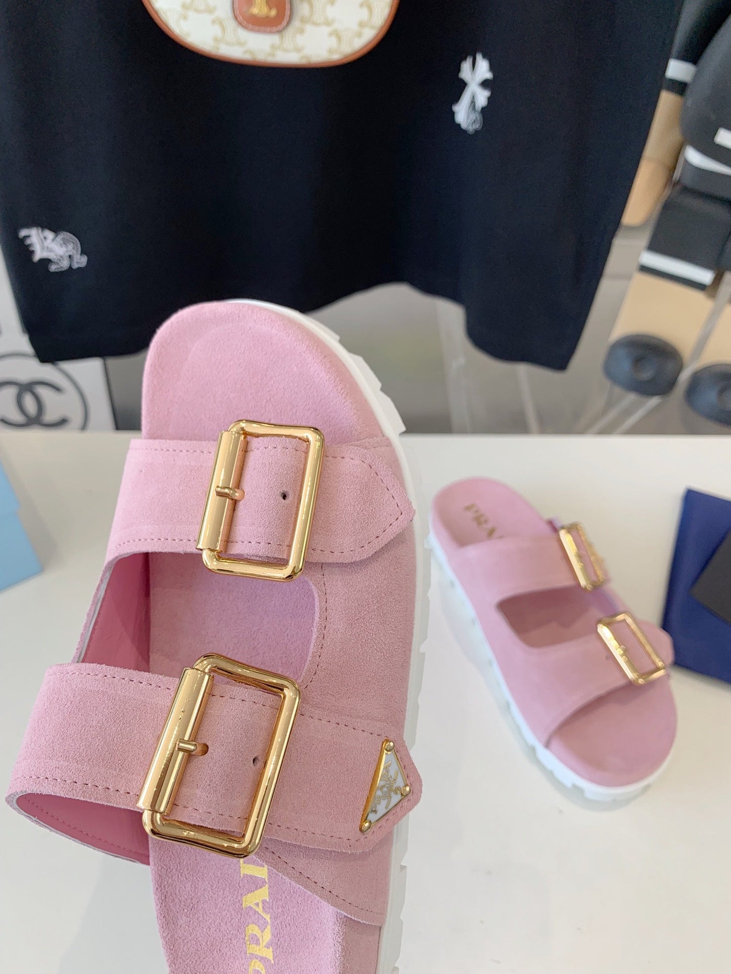 PRA STRAP SLIDES SANDALS PASTEL PINK SUEDE - 35