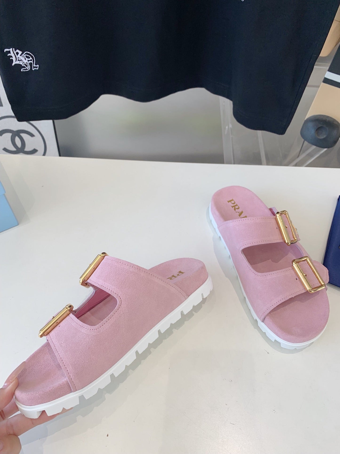 PRA STRAP SLIDES SANDALS PASTEL PINK SUEDE - 35