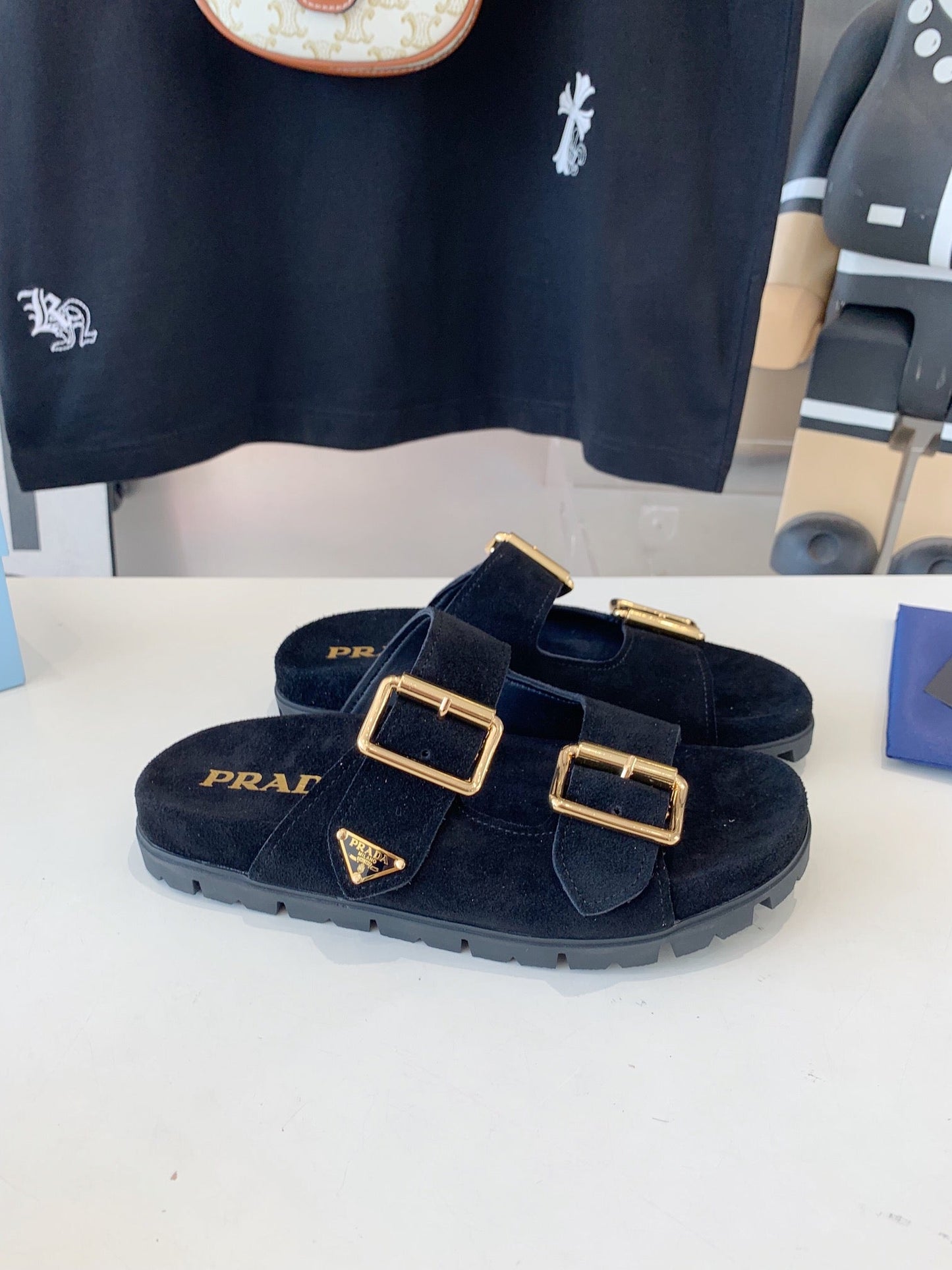 PRA STRAP SLIDES SANDALS BLACK SUEDE - 35