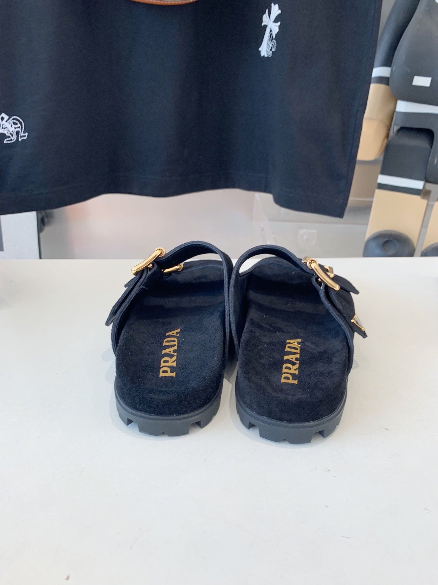 PRA STRAP SLIDES SANDALS BLACK SUEDE - 35