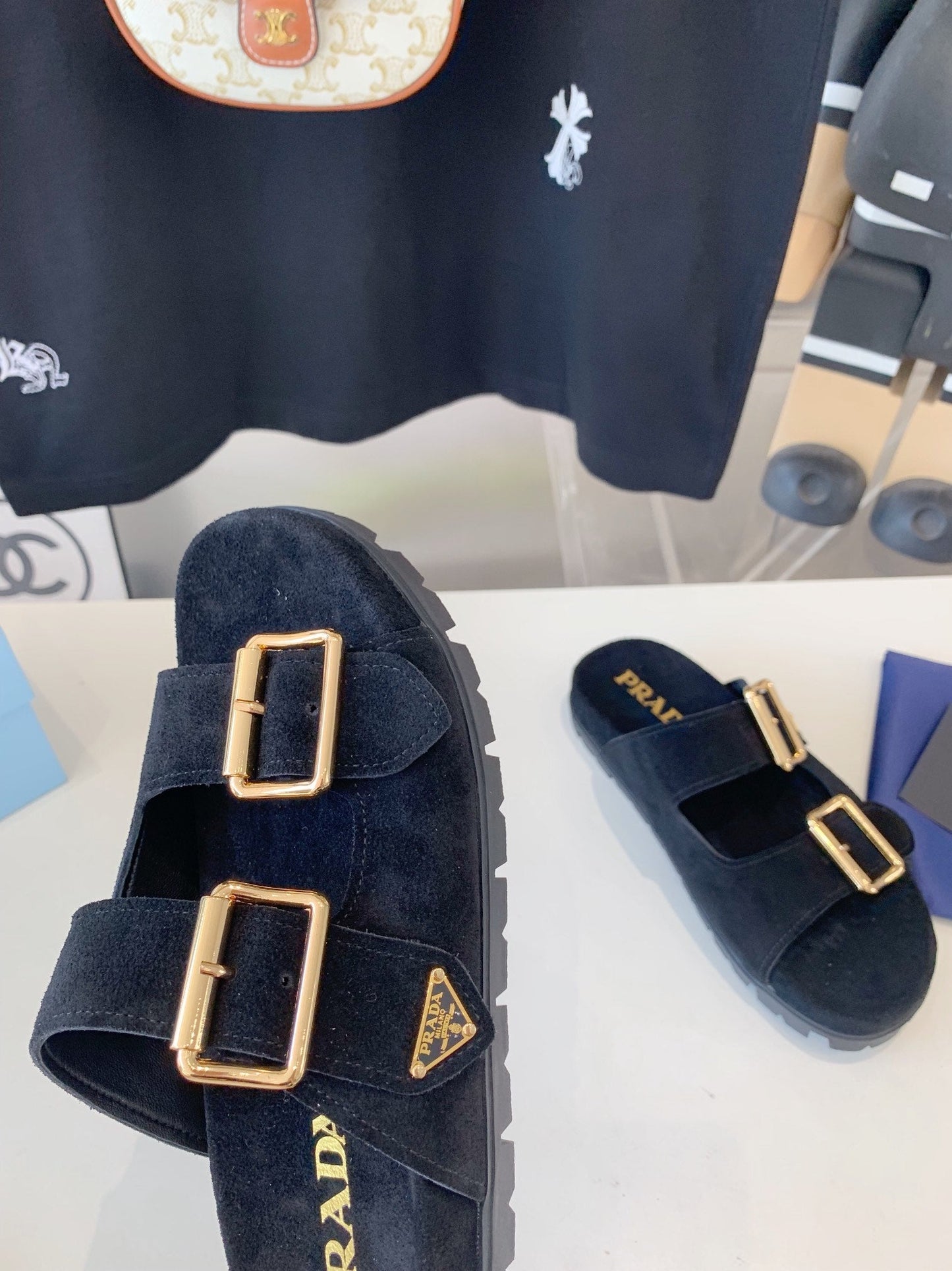 PRA STRAP SLIDES SANDALS BLACK SUEDE - 35