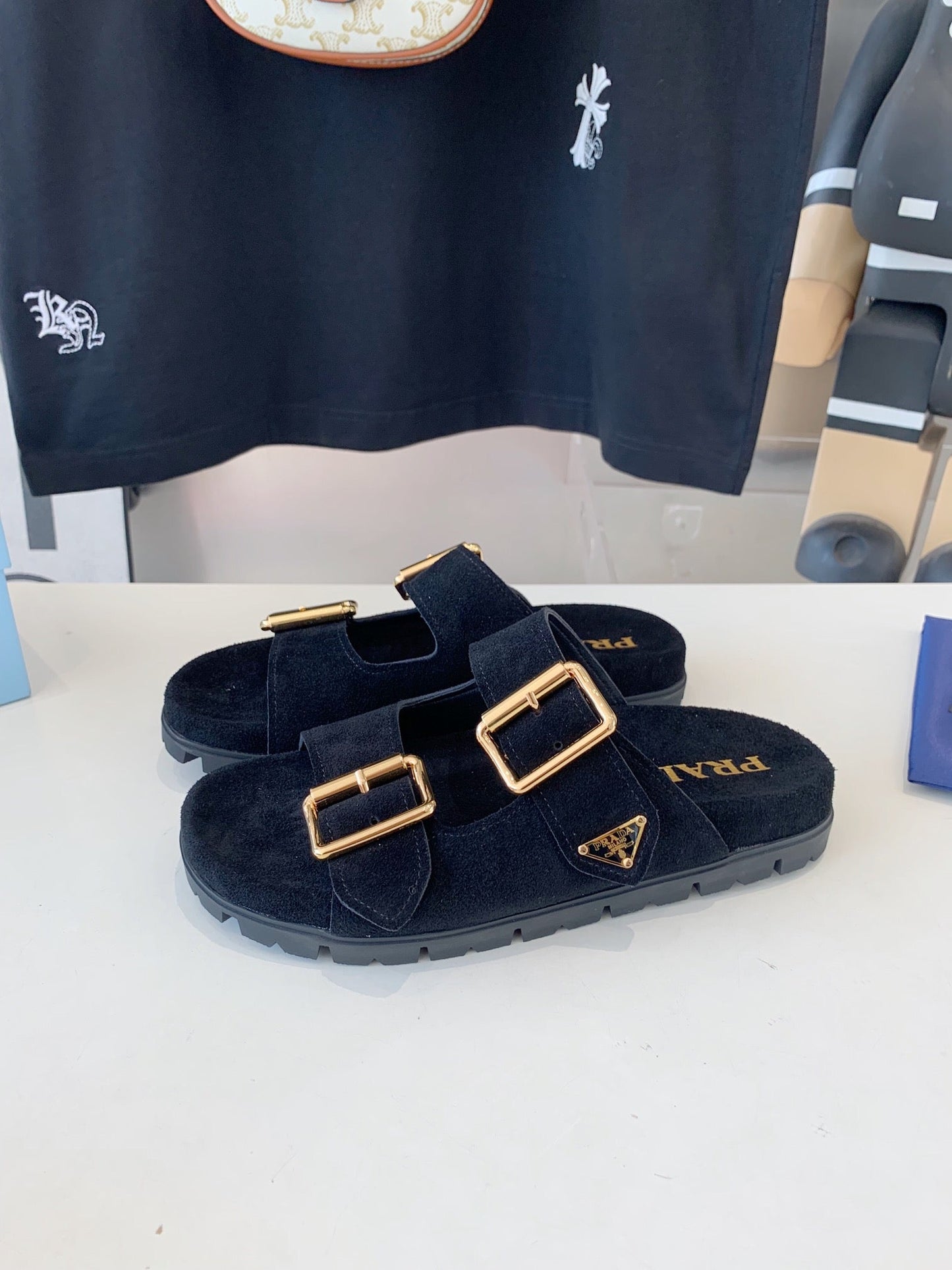PRA STRAP SLIDES SANDALS BLACK SUEDE - 35
