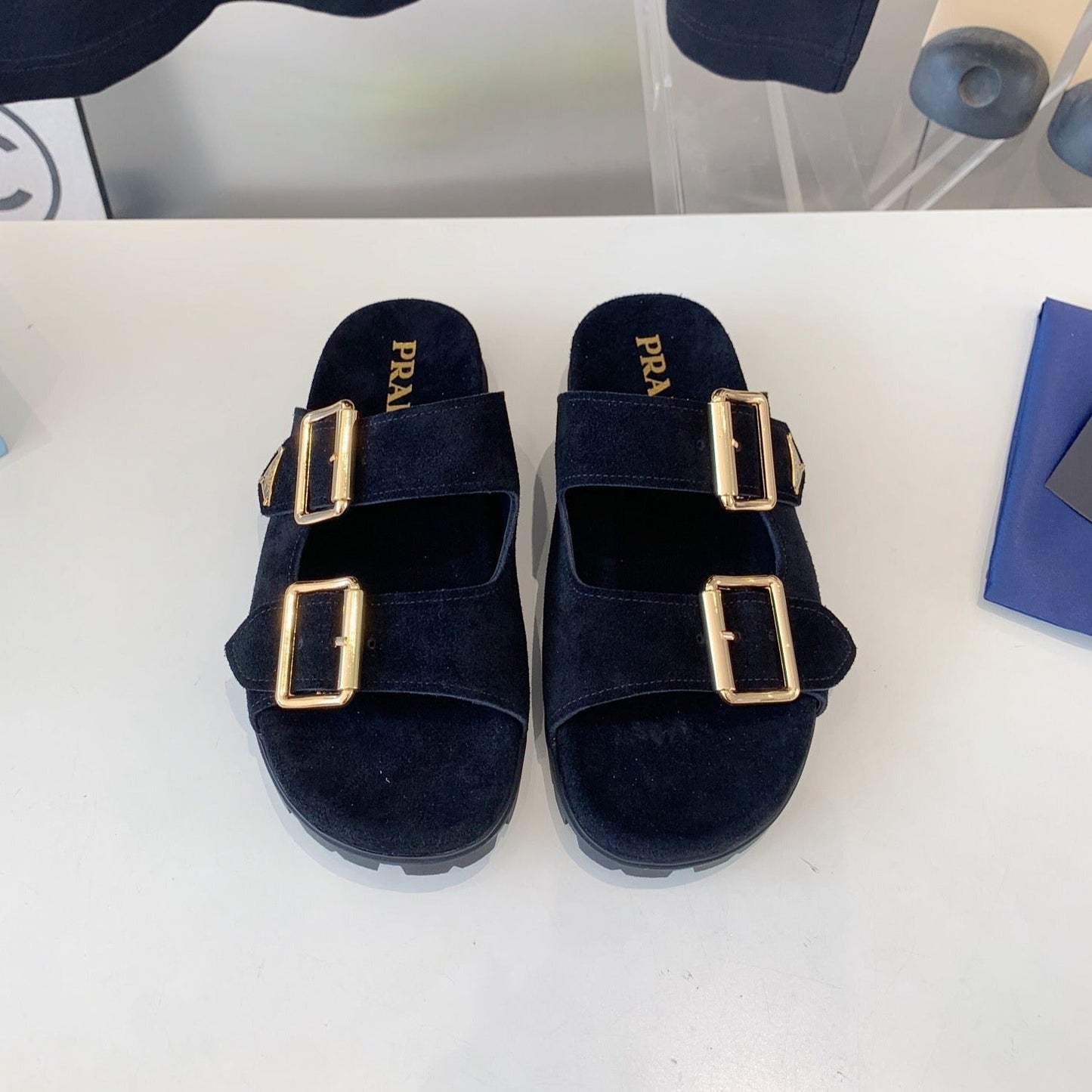 PRA STRAP SLIDES SANDALS BLACK SUEDE - 35
